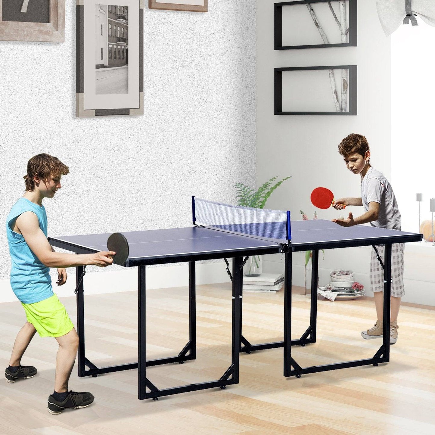 6ft 182cm Mini Table Tennis Table Folding Ping Pong Table with Net Multi-Use Table for Indoor Outdoor Game