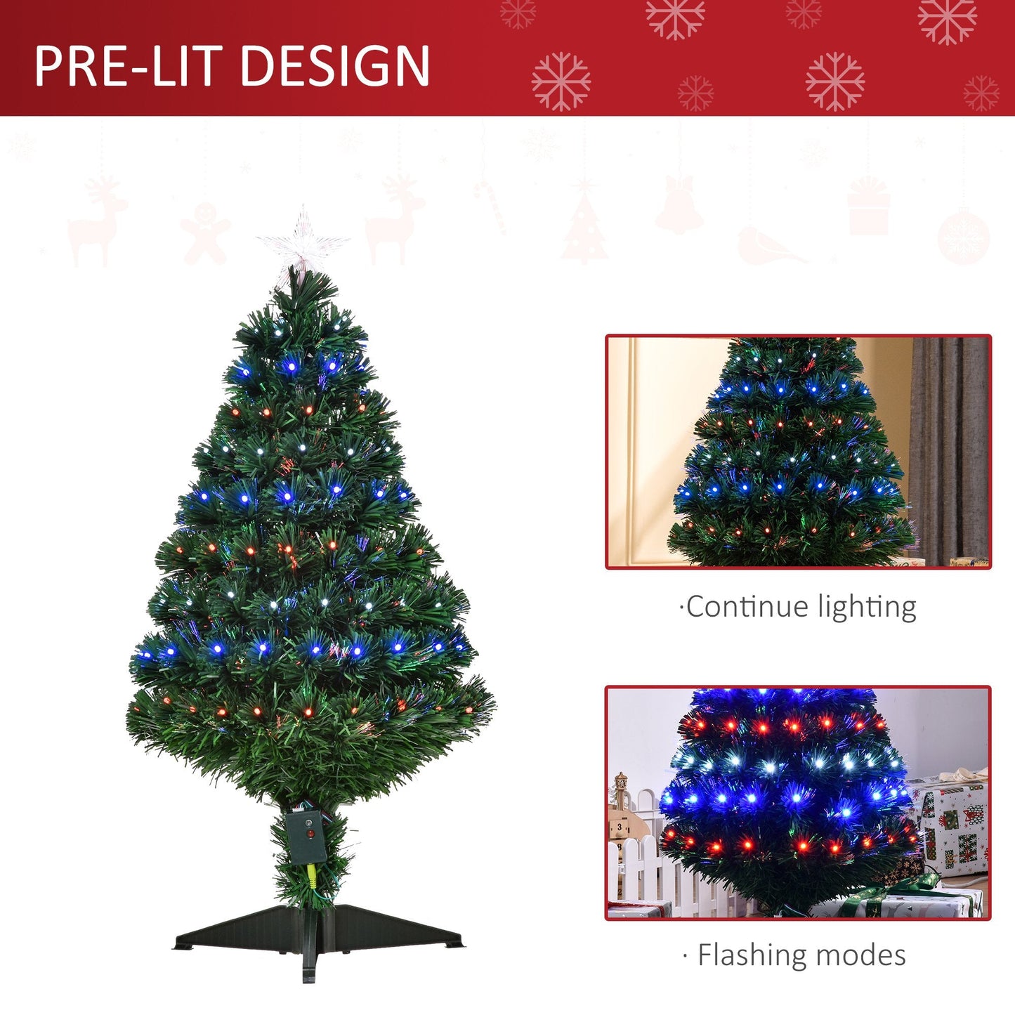 3FT Prelit Artificial Christmas Tree with Multi-Coloured Fiber Optic LED Light