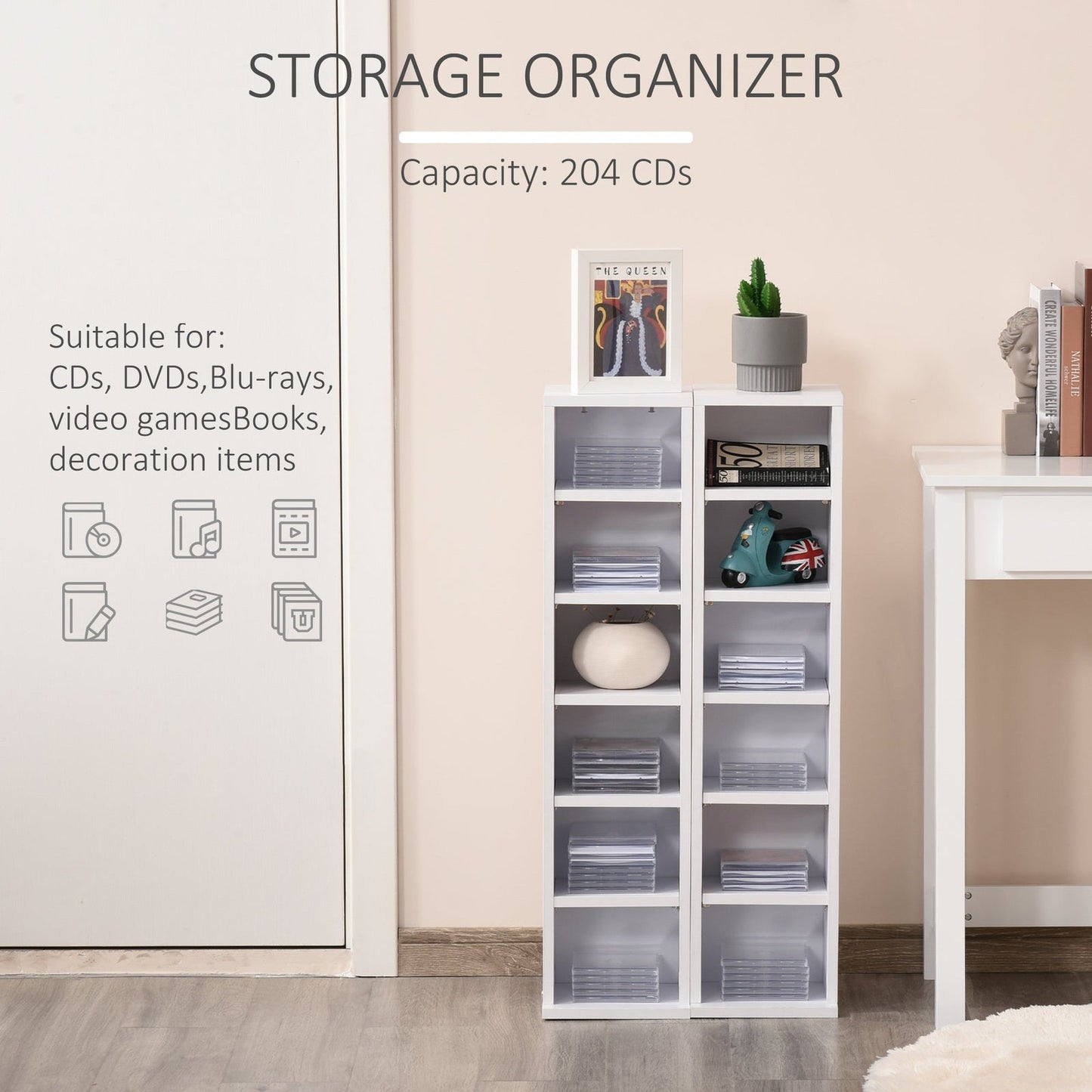 204 Cd Media Display Shelf Unit Set Of 2 Blu-Ray Tower Rack W/ Adjustable Shelves Bookcase Storage Organiser