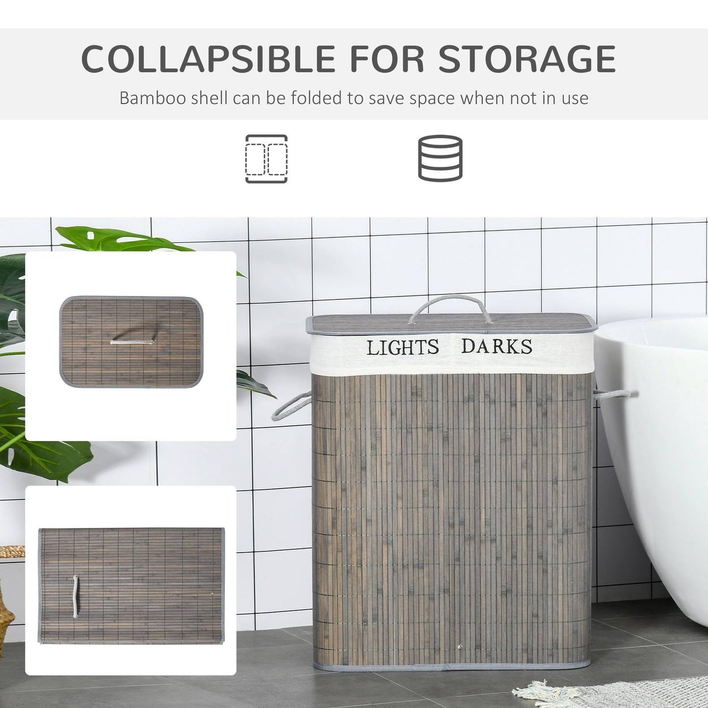 100L Two-Compartment Wooden Laundry Basket With Flip Lid And Handles ? Grey