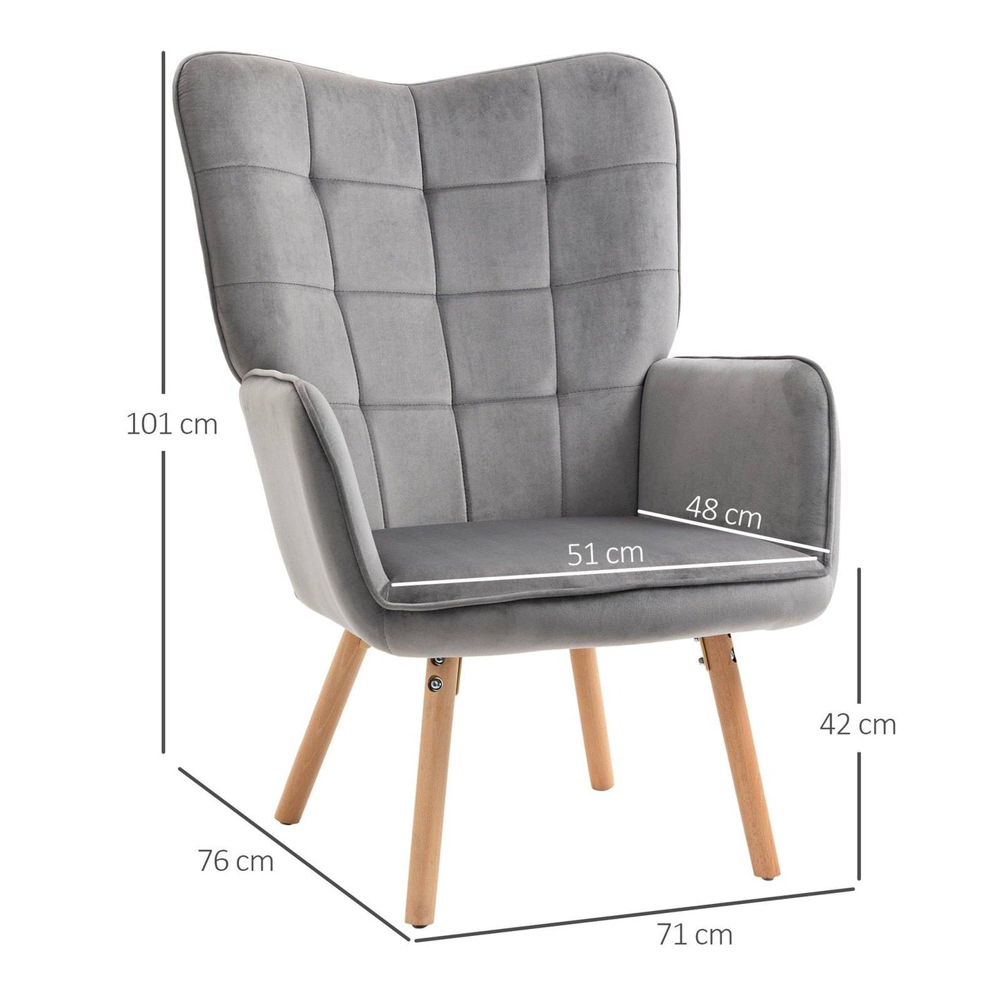 Accent Chair VelvetTufted Wingback Armchair Club Chair with Wood Legs Grey