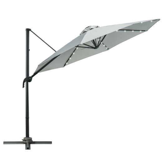 3M LED Cantilever Parasol Garden Sun Umbrella w/ Cross Base and Solar Lights Grey