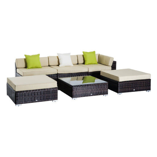 6 PC Rattan Sofa Coffee Table Set Sectional Wicker Weave Furniture for Garden Outdoor Conservatory w/ Pillow Cushion Brown