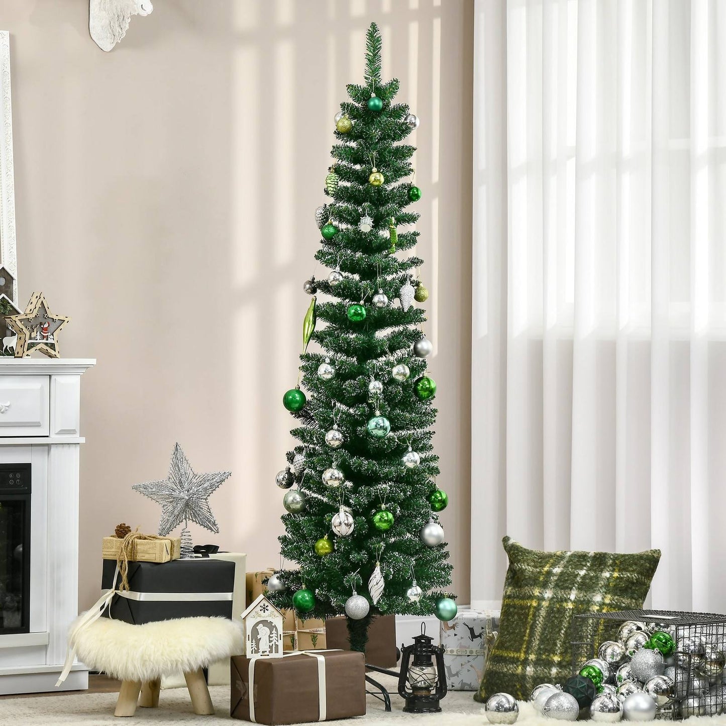 5.5FT Artificial Snow Dipped Christmas Tree Xmas Pencil Tree Holiday Home Indoor Decoration with Foldable Black Stand