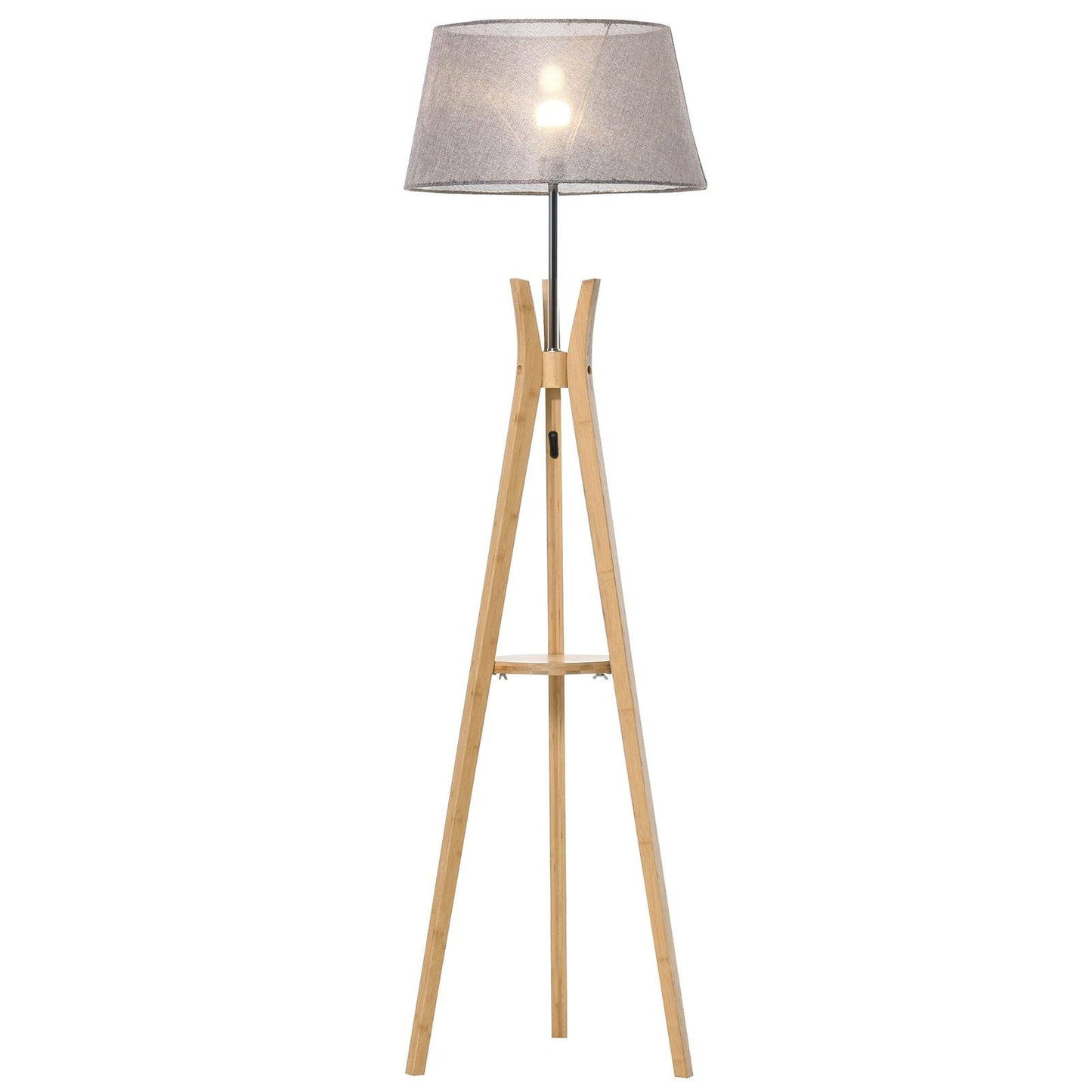 Natural Wood Tripod Floor Lamp Light E27 Base Bedroom Living Room Fabric Shade Storage Shelf Foot Switch