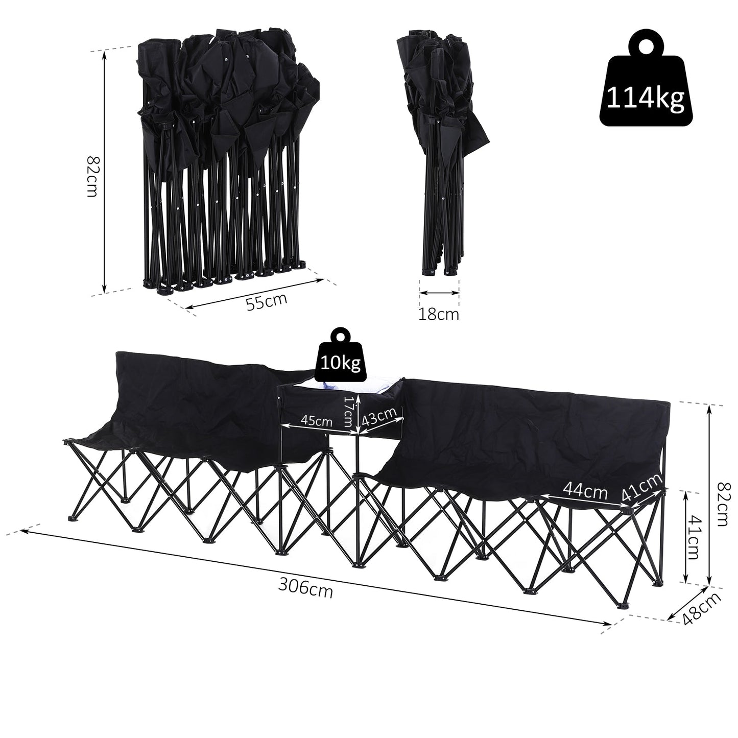 6 Seater Folding Steel Camping Bench With Cooler Bag Black
