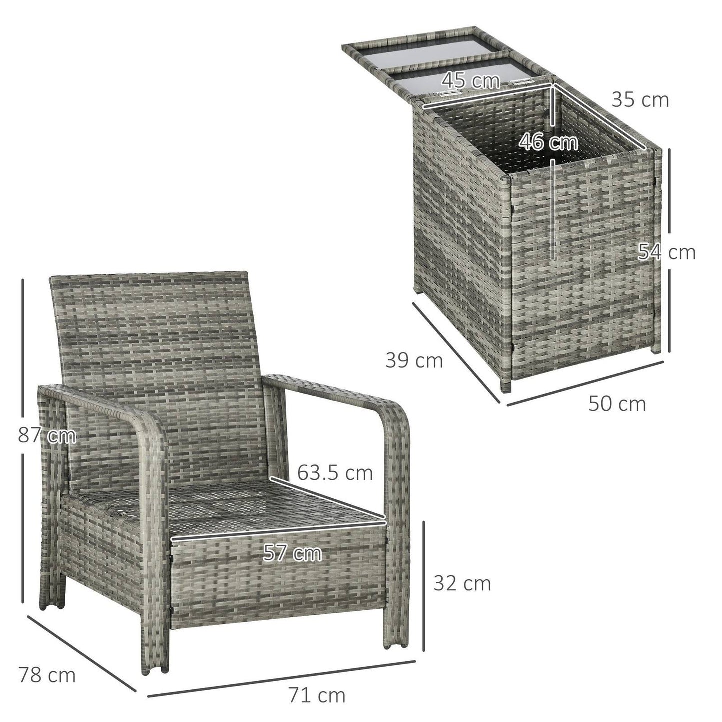 3-Piece PE Rattan Wicker Garden Furniture Patio Bistro Set Weave Conservatory Sofa Storage Table and Chairs Set Orange Cushion Grey Wicker