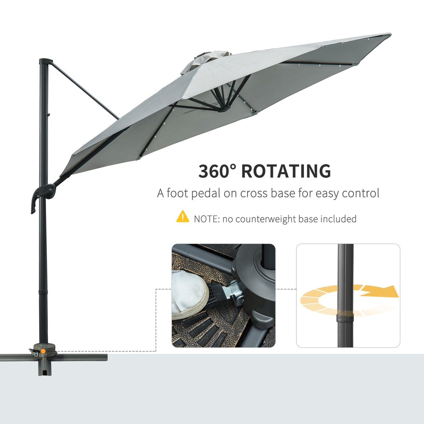 3M LED Cantilever Parasol Garden Sun Umbrella w/ Cross Base and Solar Lights Grey