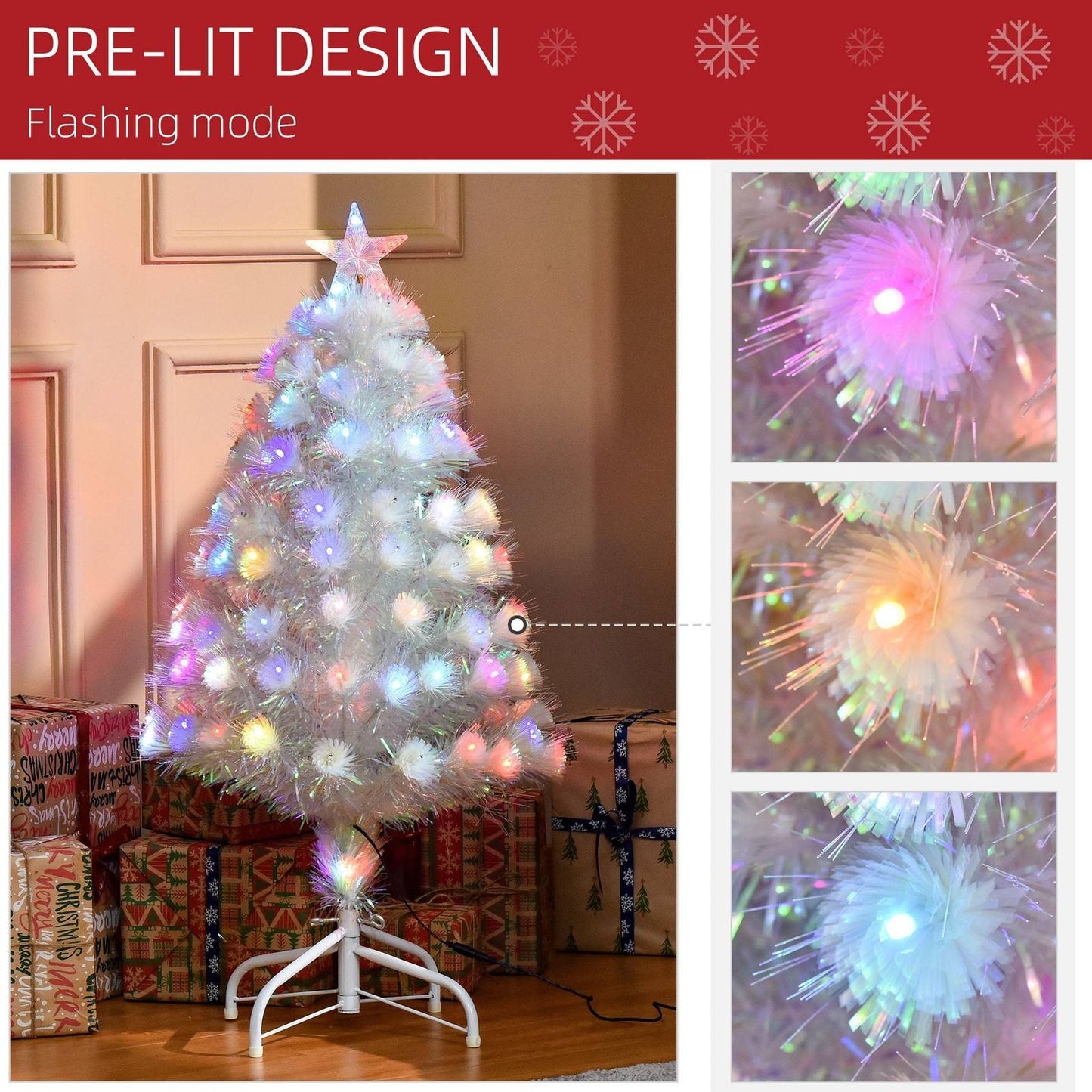 3FT Prelit Artificial Christmas Tree with Fibre Optic LED Lights Holiday Home Xmas Decoration