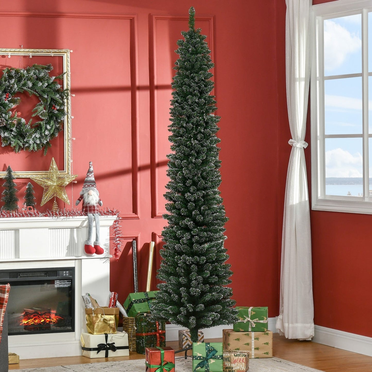 7.5FT Artificial Snow Dipped Christmas Tree Xmas Pencil Tree Holiday Home Indoor Decoration with Foldable Black Stand