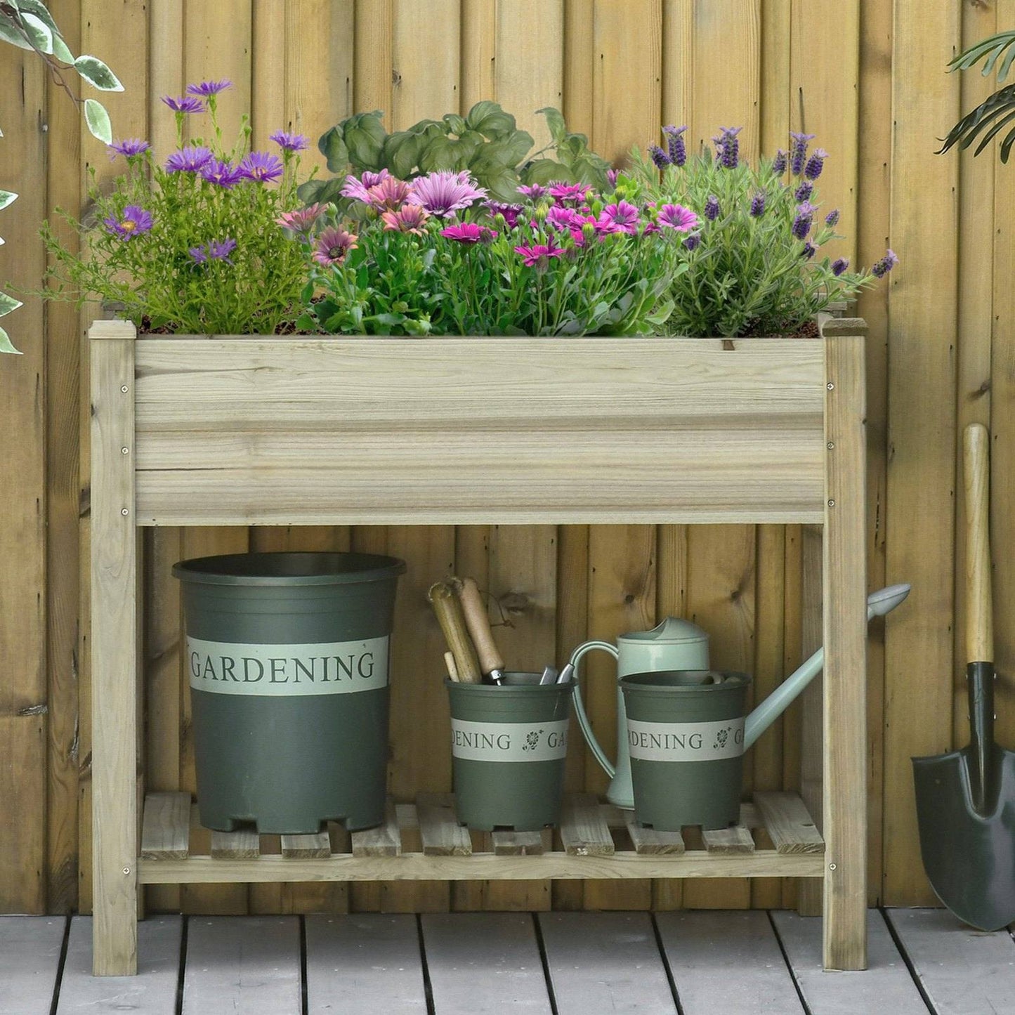 Raised Garden Bed with Legs and Storage Shelf Elevated Wooden Planter Box
