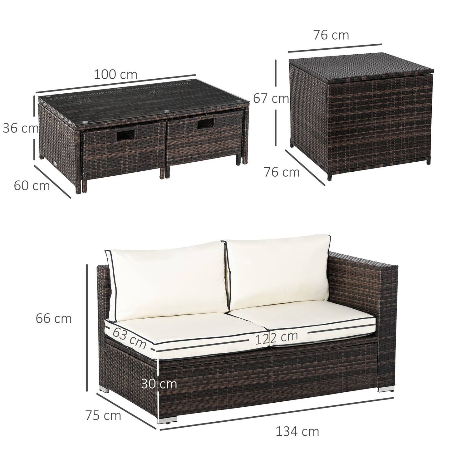 4-Piece Rattan Wicker Garden Furniture Patio Sofa Storage & Table Set w/ 2 Drawers Coffee Table