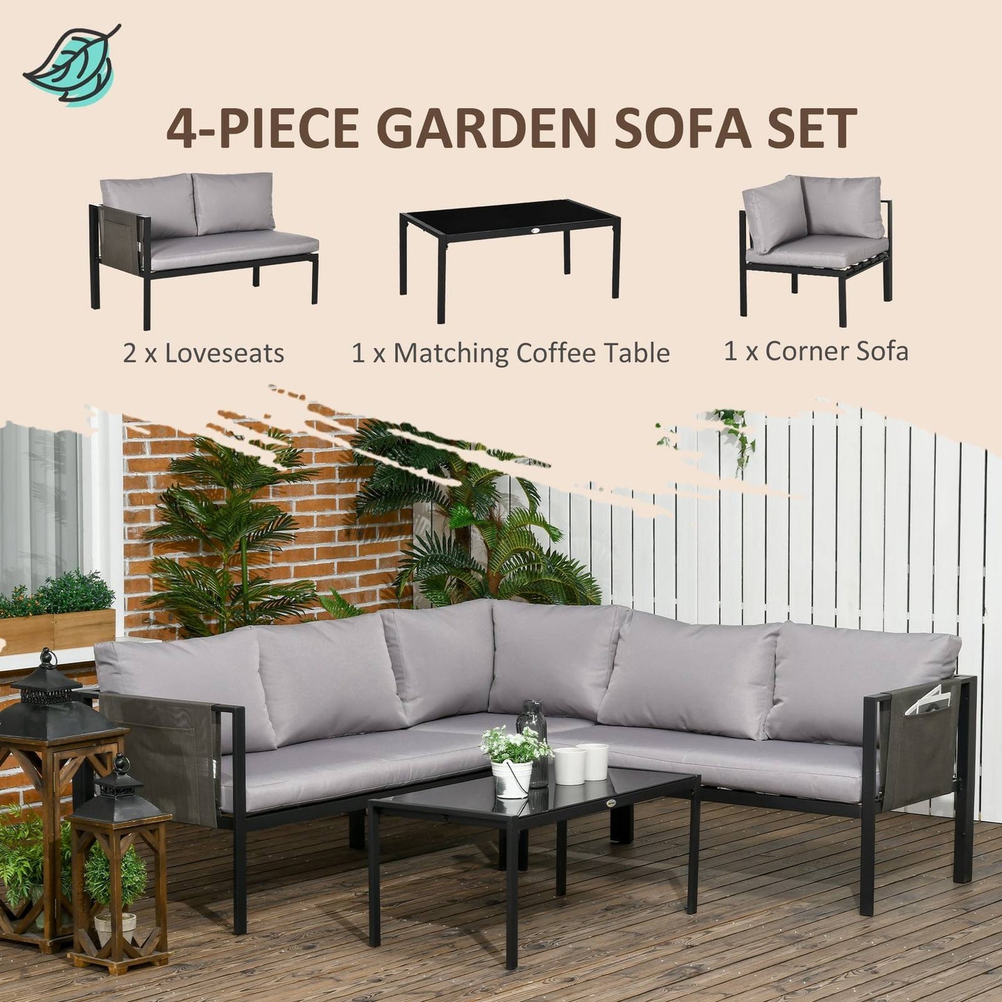4-Piece Metal Garden Furniture Set with Tempered Glass Coffee Table