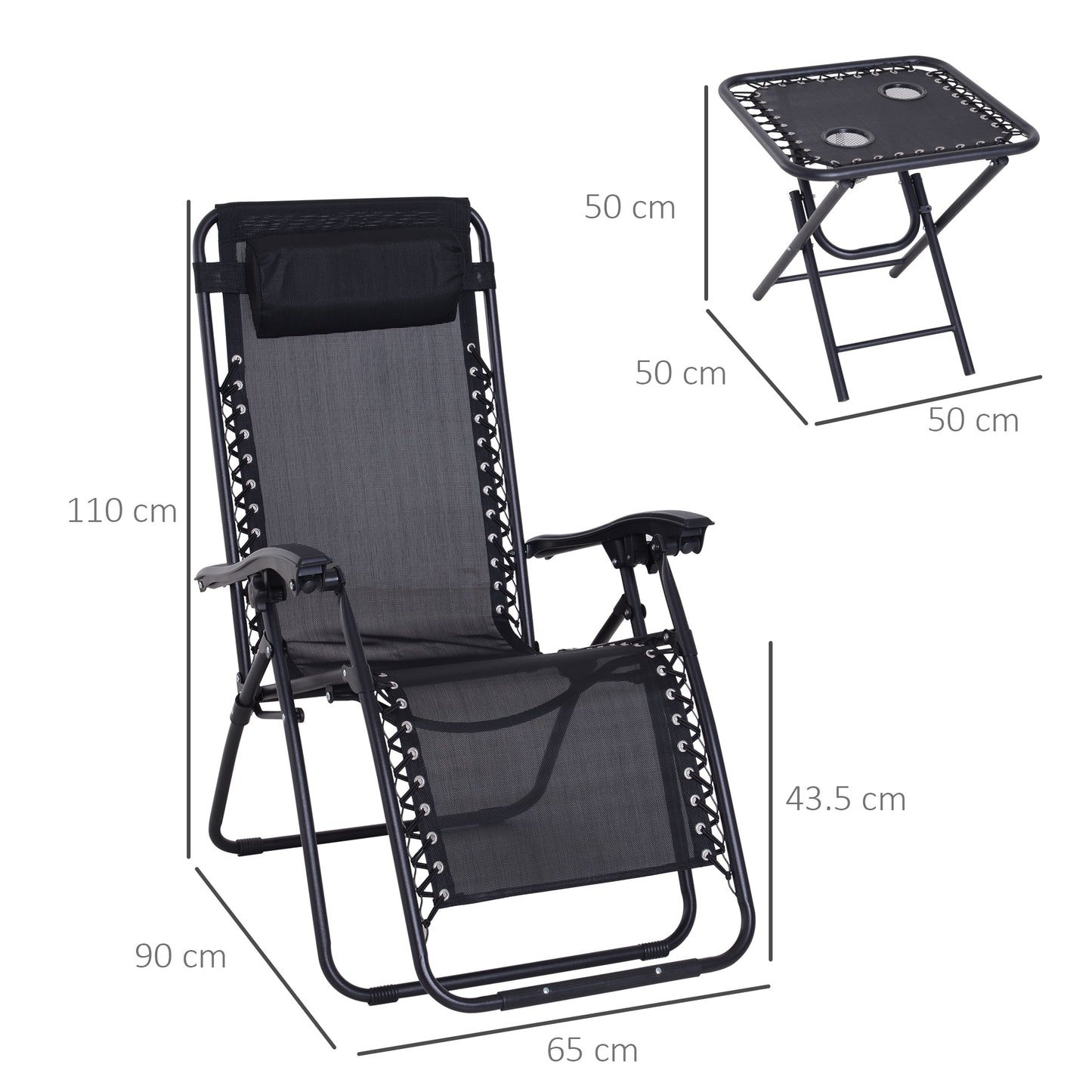 3-Piece Folding Zero Gravity Chairs Sun Lounger Table Set w/ Cup Holders Reclining Garden Yard Pool