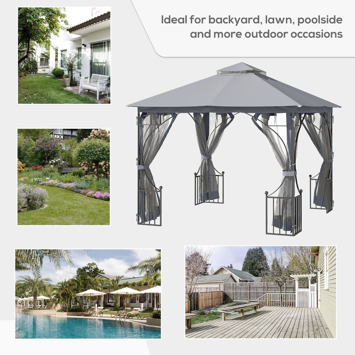 3 x 3M Garden Gazebo Patio Party Tent Shelter Outdoor Canopy Double Tier Sun Shade Metal Frame Netting Light Grey