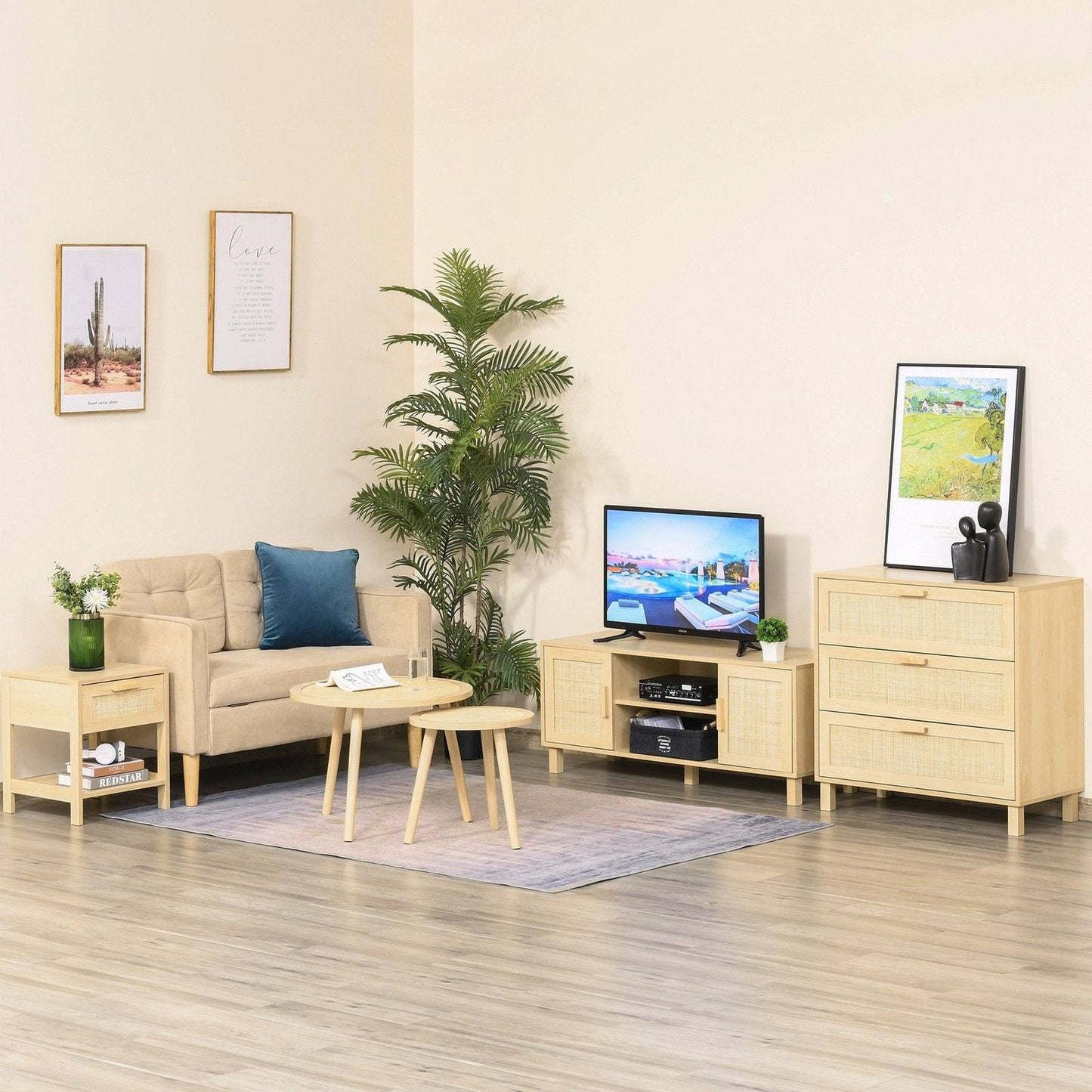 Nightstand with Rattan Drawer and Storage Shelf