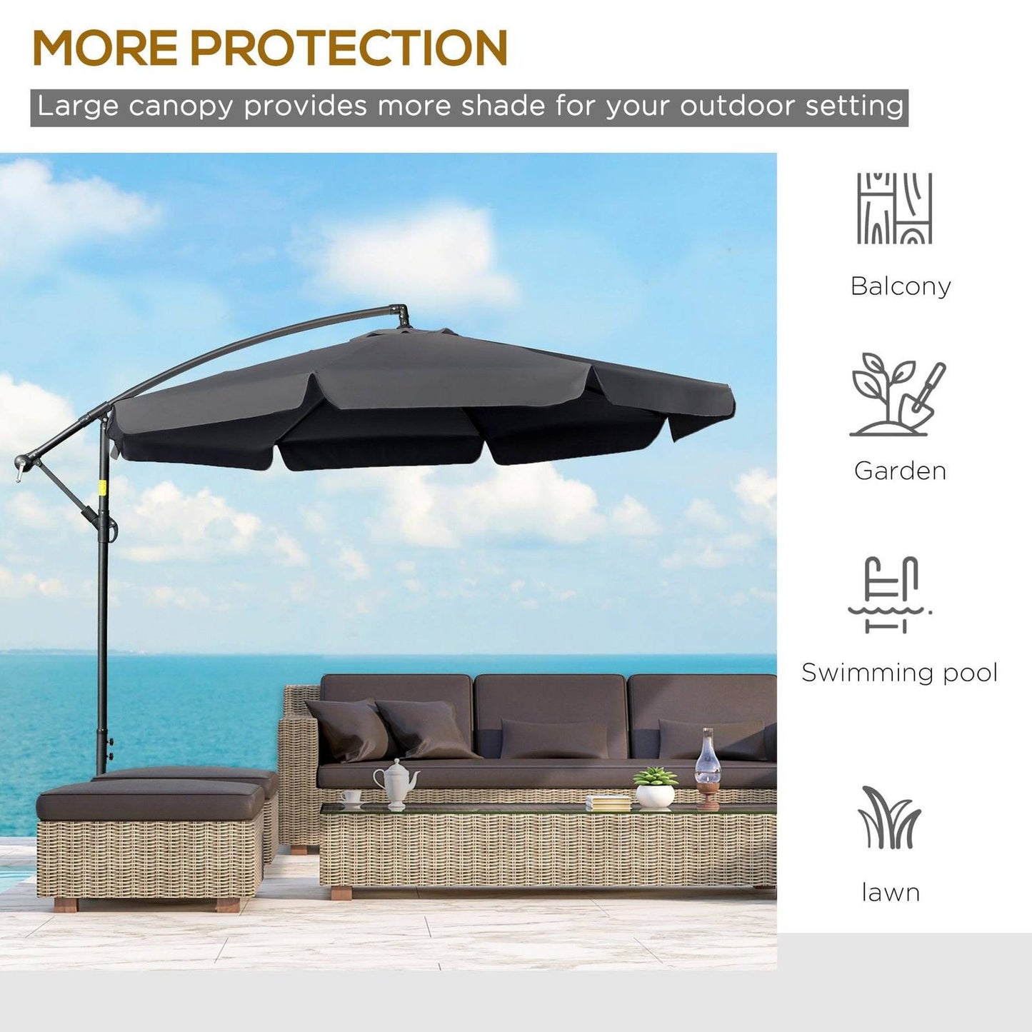 2.7m Garden Banana Parasol Cantilever Umbrella with Crank Handle and Cross Base for Outdoor
