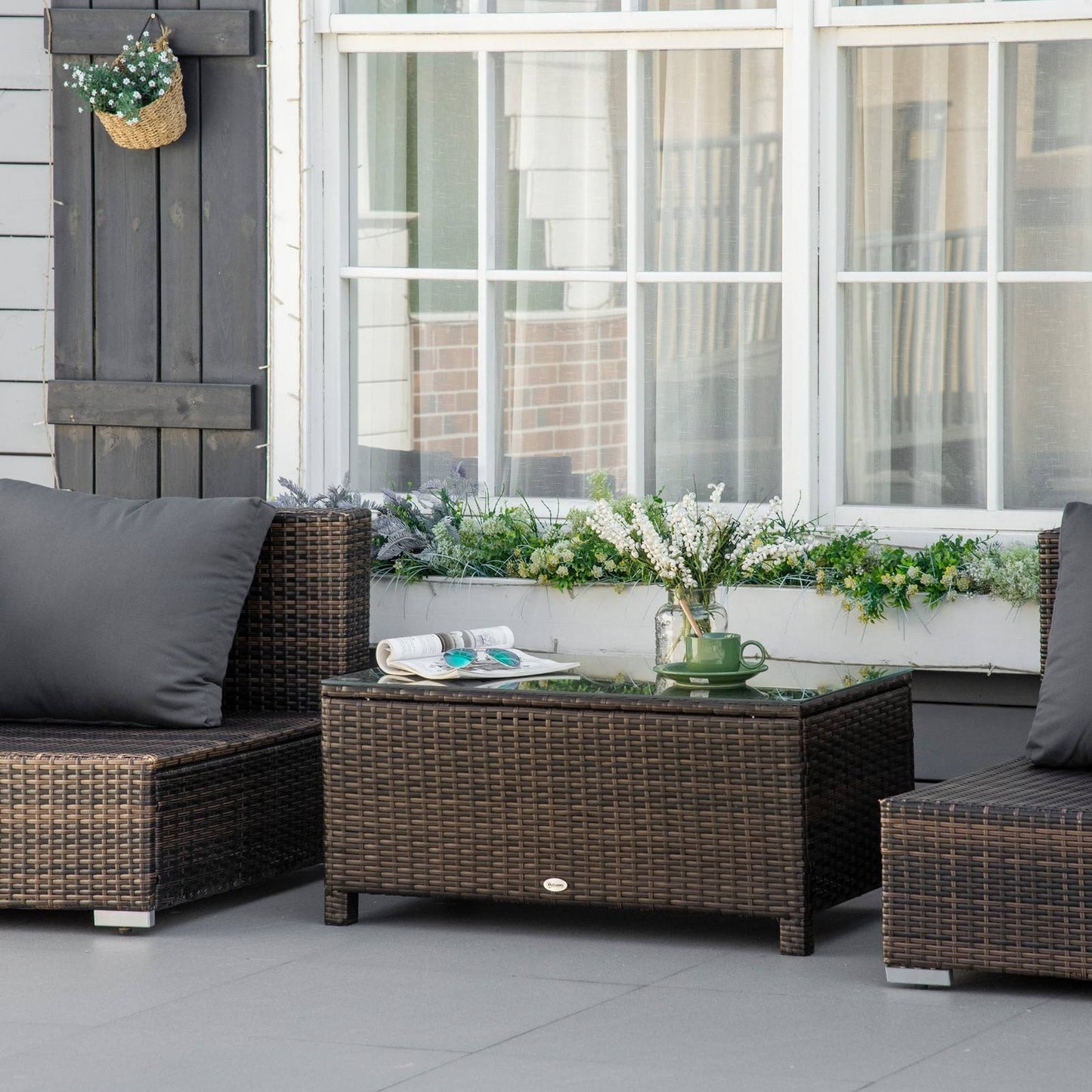PE Rattan Garden Coffee Table with Glass Table Top - Brown
