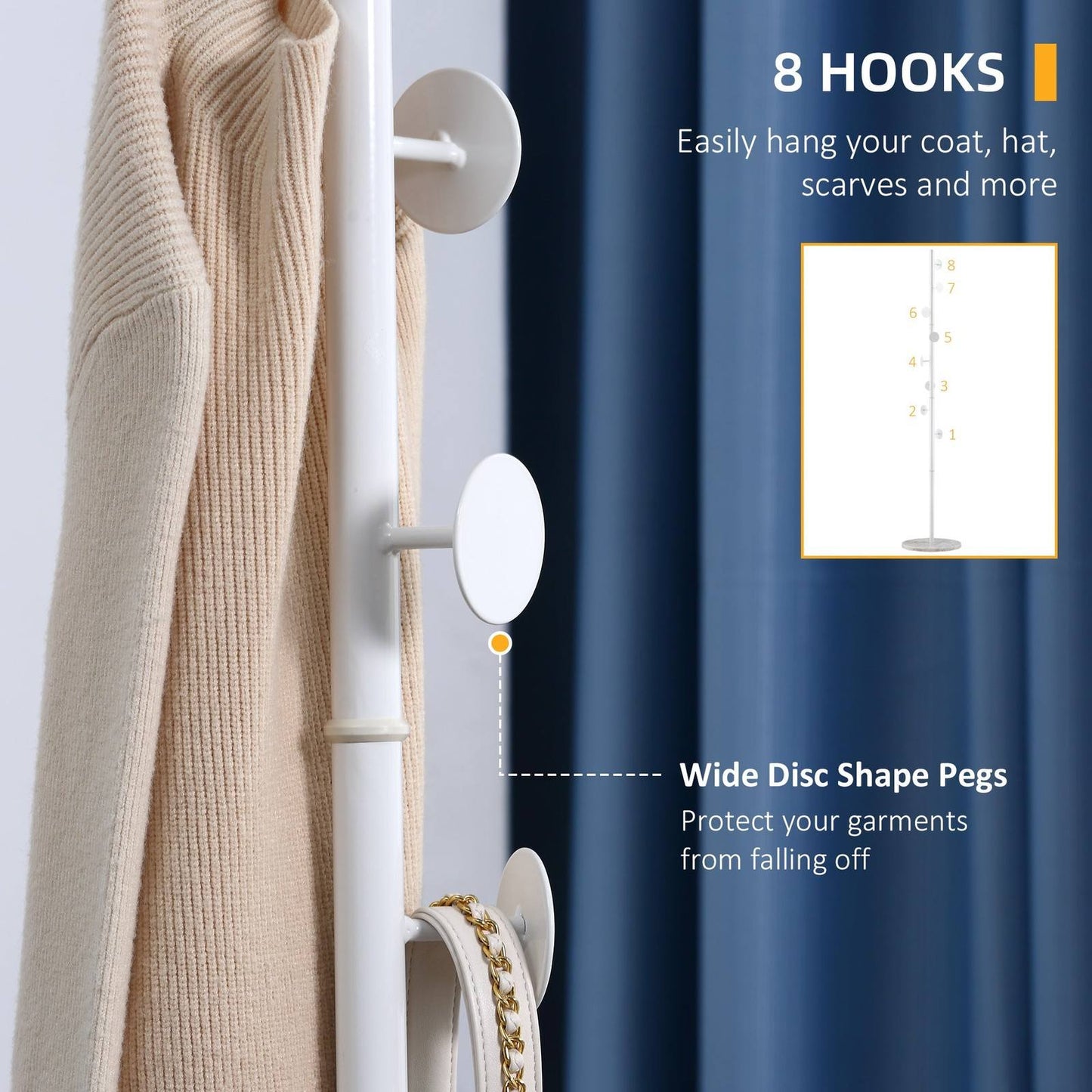 Slimline Metal Coat Stand With Round Hooks - White
