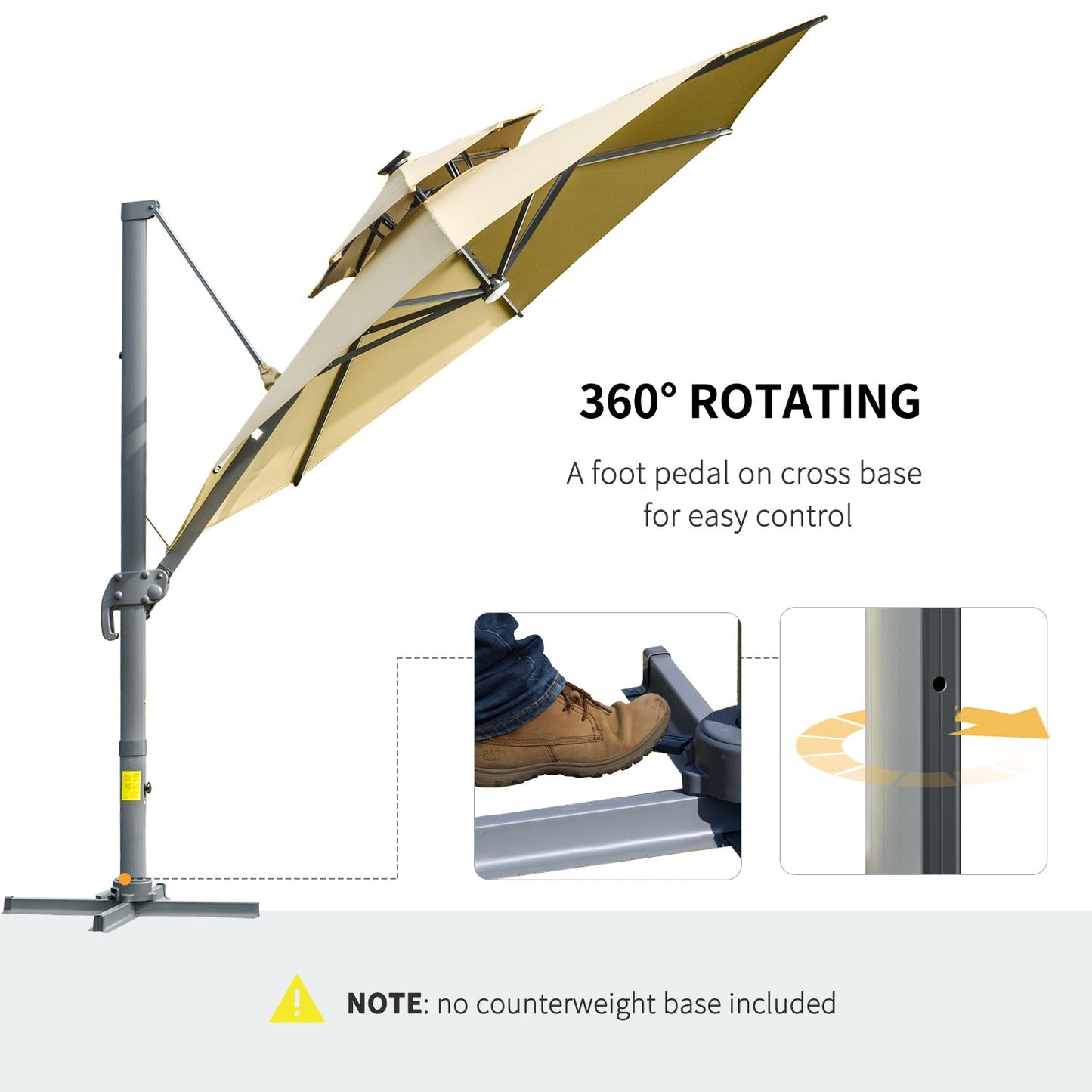 3m Cantilever Parasol w/ Solar Lights Power Bank Base 360° Spin Khaki