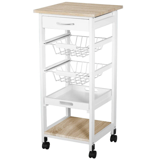 Mobile Rolling Kitchen Island Trolley for Home w/ Metal Baskets Trays Shelves Wheels Compact Stylish Storage White