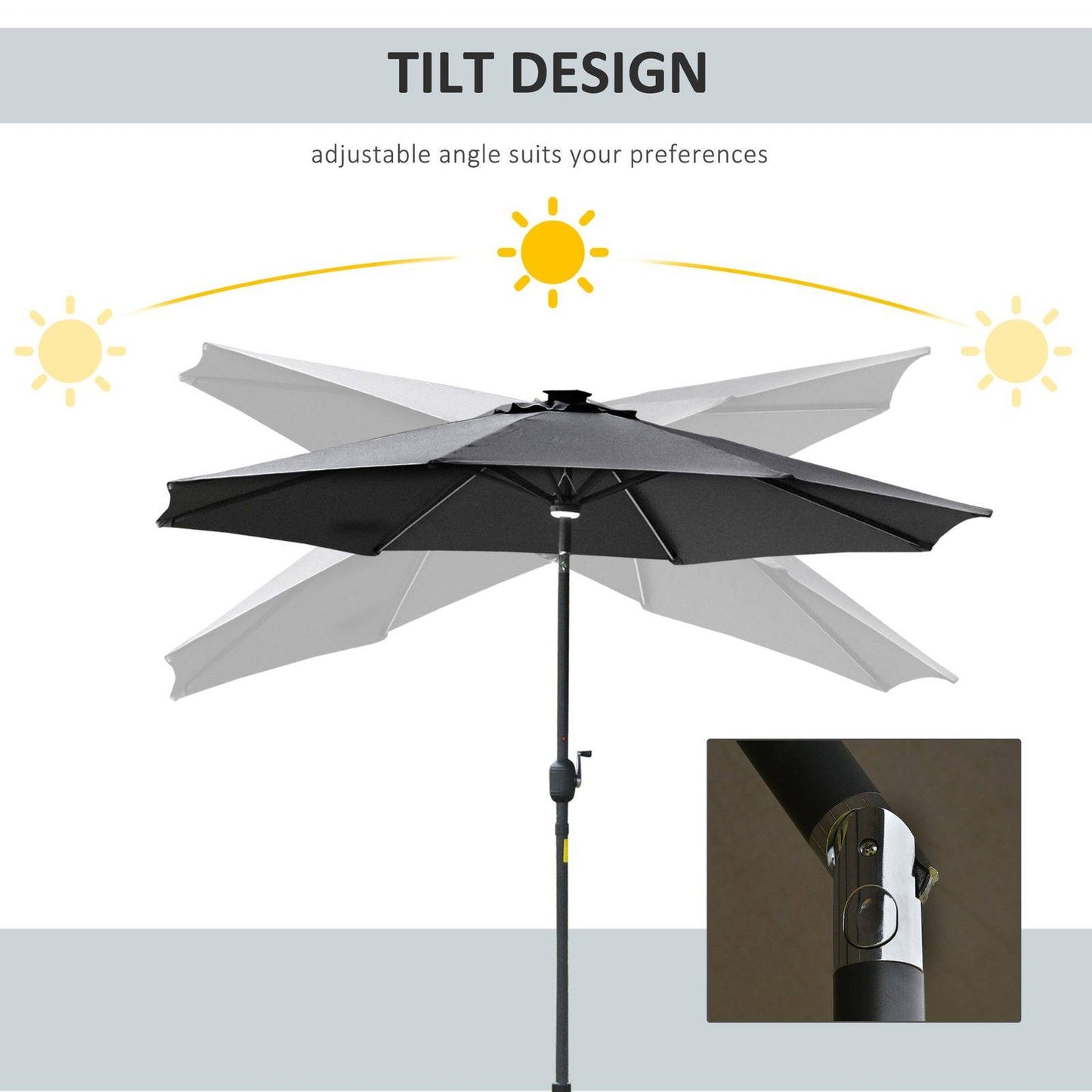 2.7m Garden Parasol Sun Umbrella w/ LED Solar Light Angled Canopy Grey