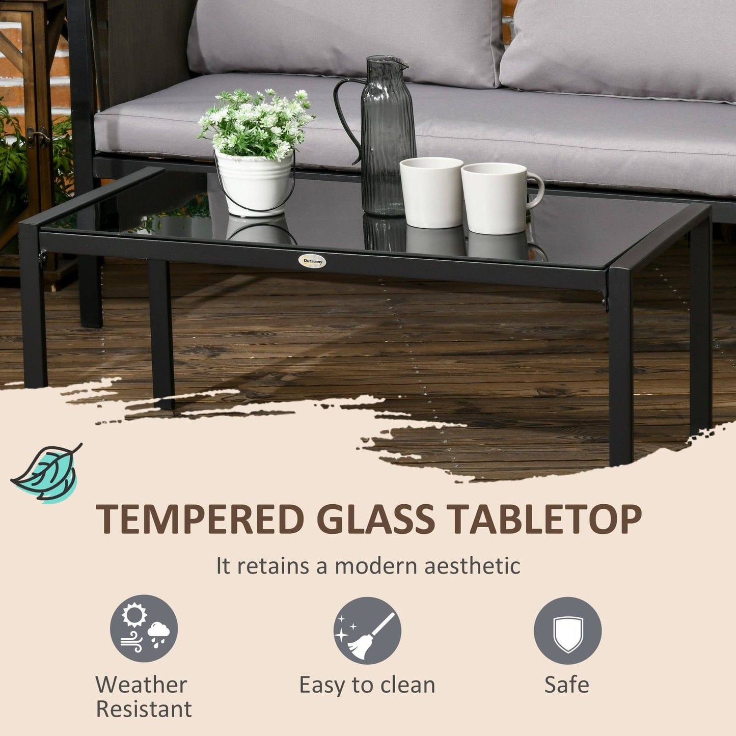 4-Piece Metal Garden Furniture Set with Tempered Glass Coffee Table