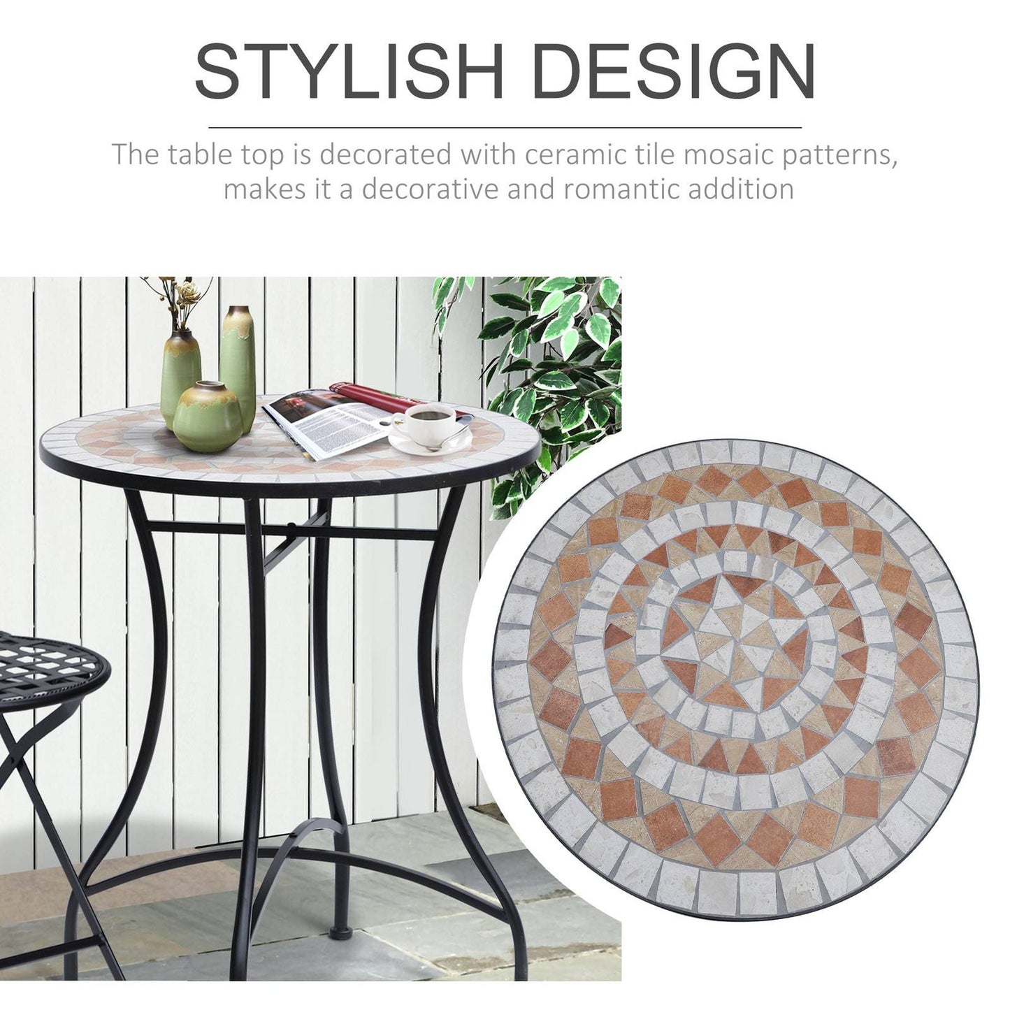 60cm Mosaic Round Bistro Table Side Bar Table Patio Garden Outdoor Balcony Furniture