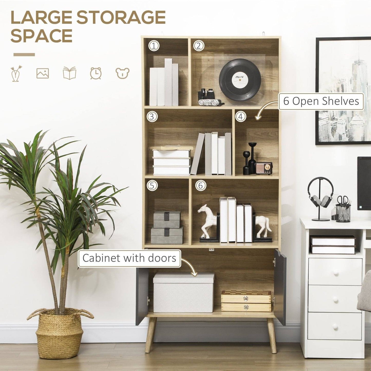 Modern Bookcase with Bottom Cabinet and 6 Open Shelves