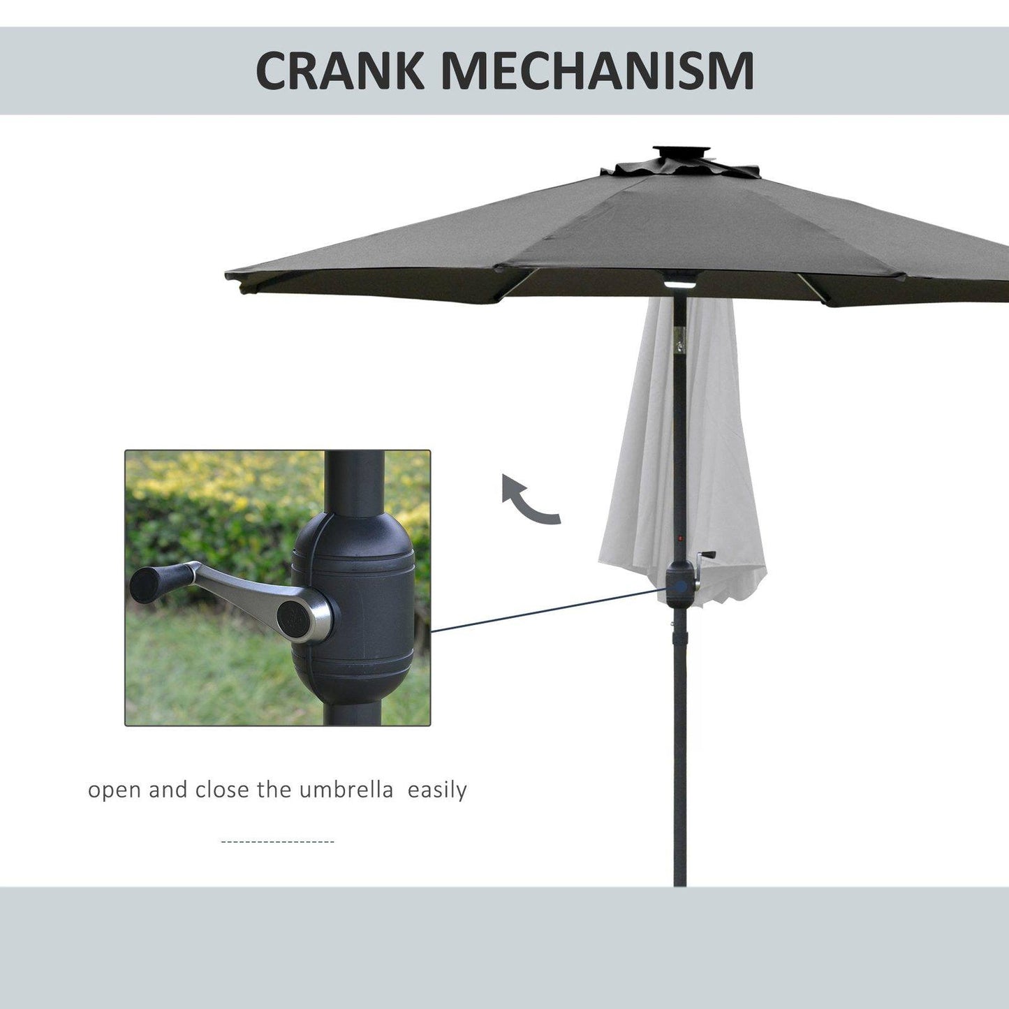 2.7m Garden Parasol Sun Umbrella w/ LED Solar Light Angled Canopy Grey