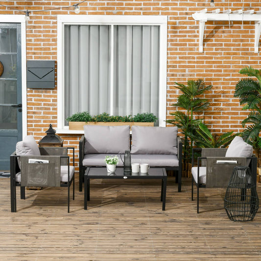 4-Piece Metal Garden Furniture Set with Tempered Glass Coffee Table