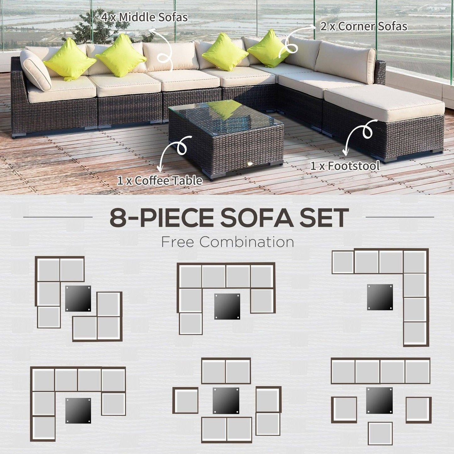 8-Pieces PE Rattan Corner Sofa Set with Thick Cushions