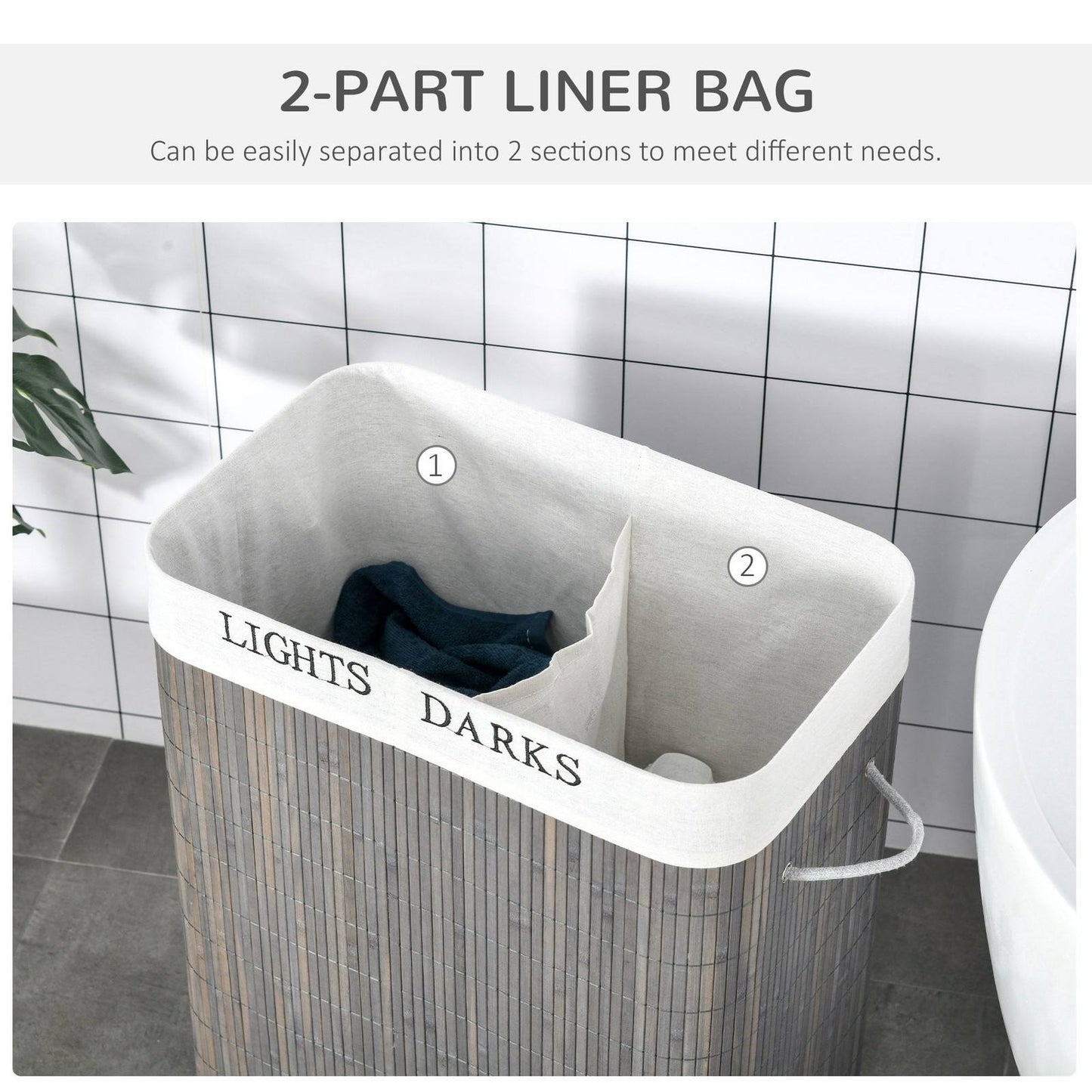 100L Two-Compartment Wooden Laundry Basket With Flip Lid And Handles ? Grey