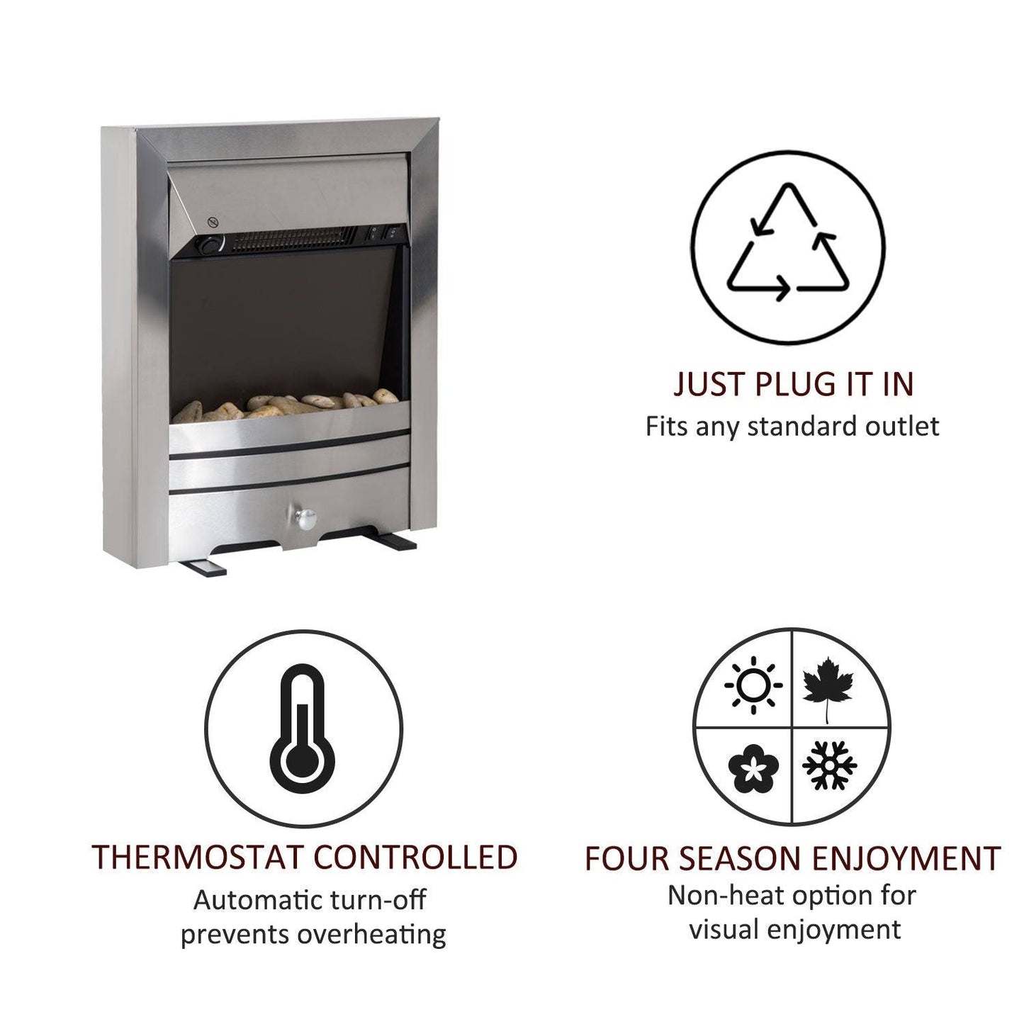 2KW Stainless Steel Electric Fireplace Pebble Burning Effect Heater Fire Flame Indoor Stove LED Lighting