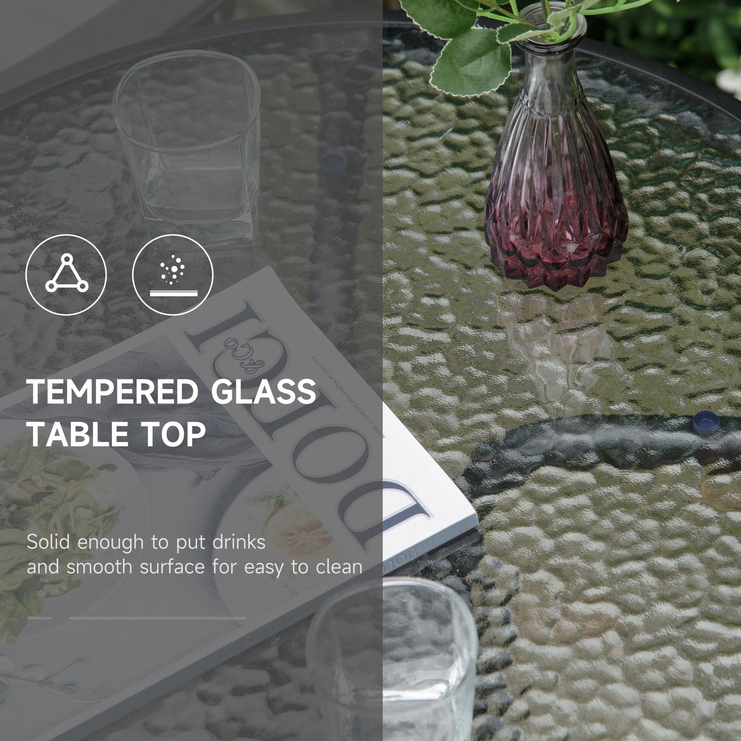 3-Piece Patio Furniture Bistro Set 2 Folding Chairs 1 Tempered Glass Table Adjustable Backrest - Grey