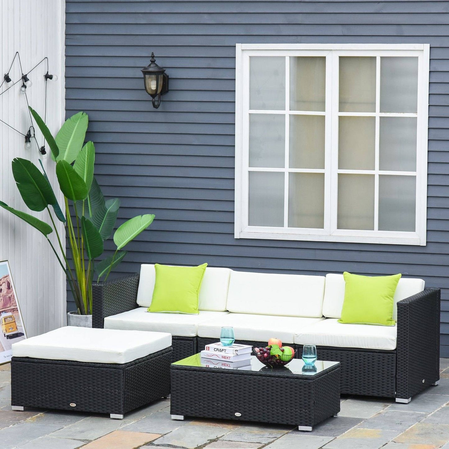 Outsunny 4-Seater Rattan Sofa Set  Garden Outdoor Sectional Sofa Coffee Table Metal Frame With cushion Pillows-Black