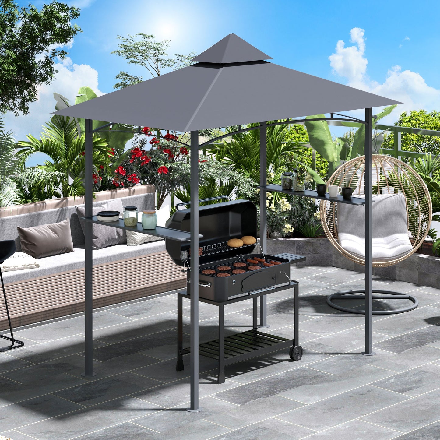 2.5M 8ft New Double-Tier BBQ Gazebo Grill Canopy Barbecue Tent Shelter Patio Deck Cover - Grey
