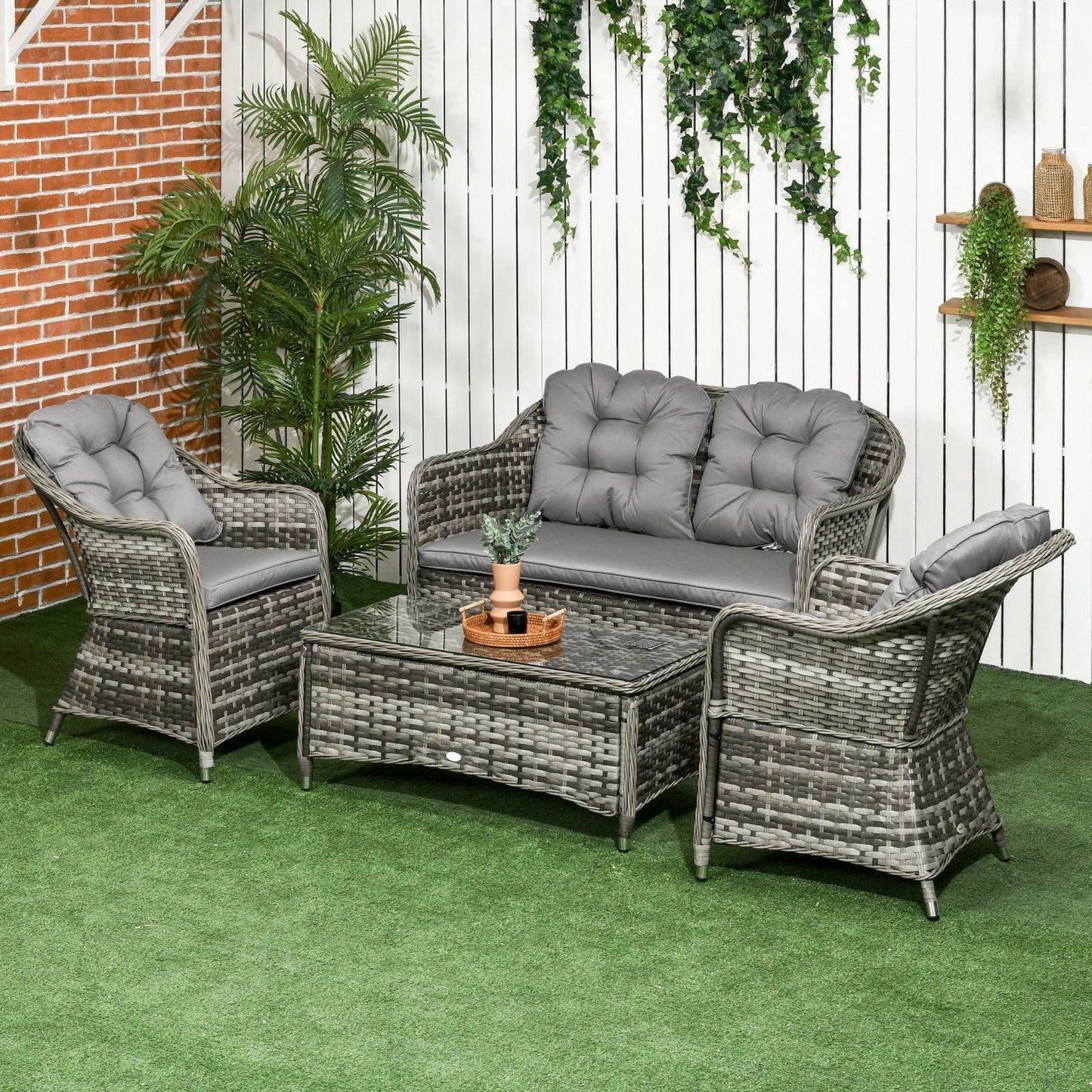 4-Pieces Outdoor PE Rattan Garden Furniture with Cushions
