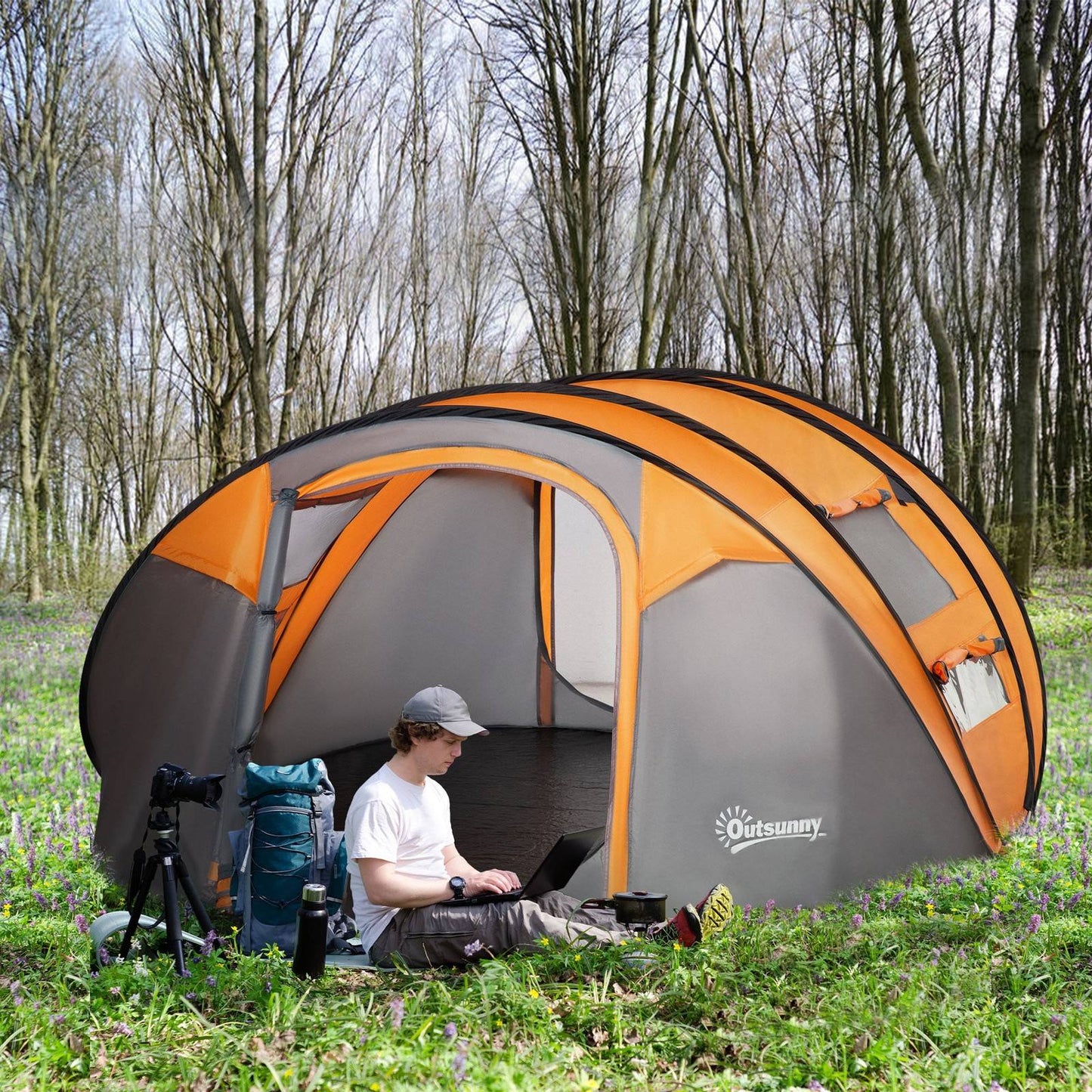 4-5 Person Pop-up Camping Tent Waterproof Family Tent w/ 2 Mesh Windows & PVC Windows Portable Carry Bag for Outdoor Trip Orange