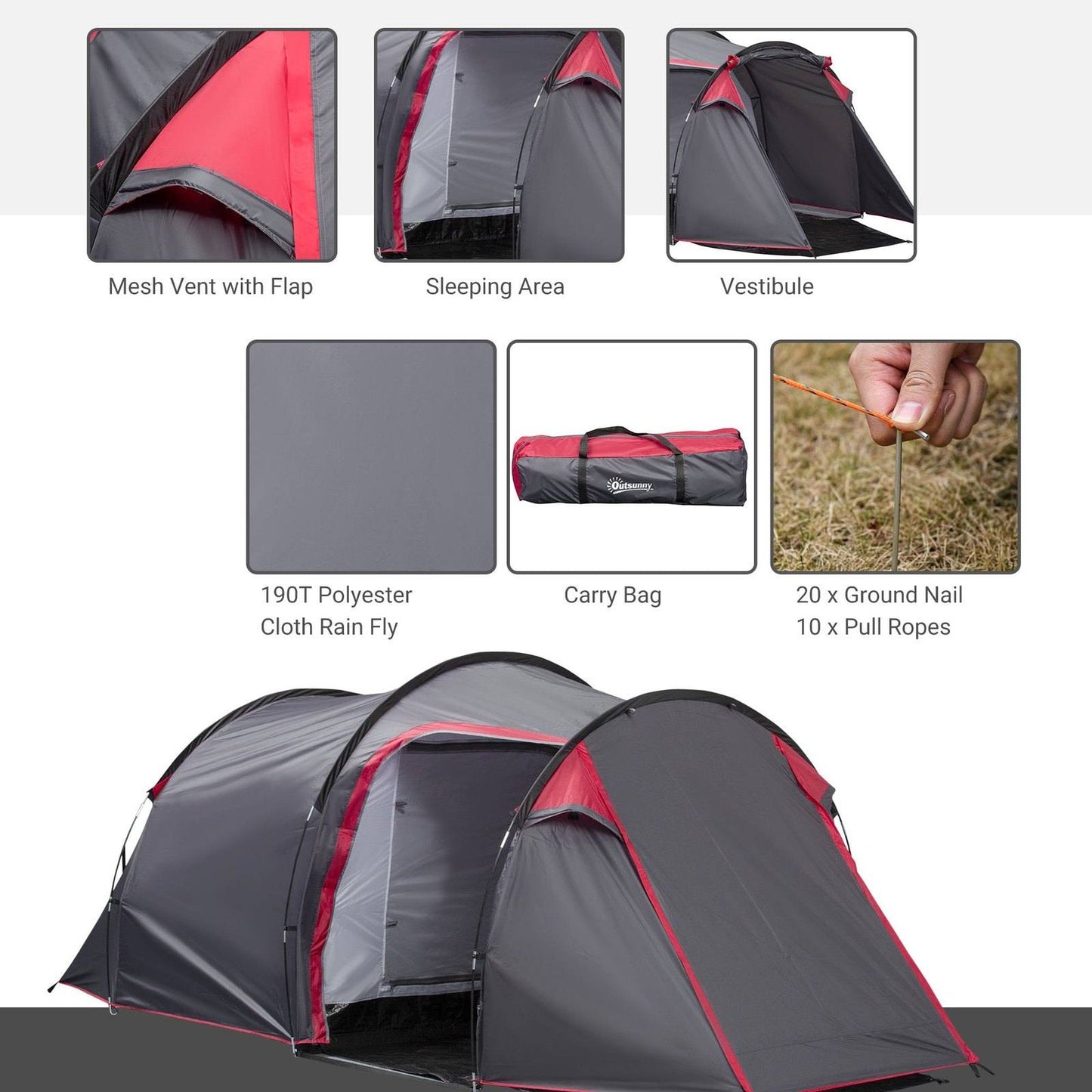 2-3 Person Tunnel Tent with Sewn-in Groundsheet