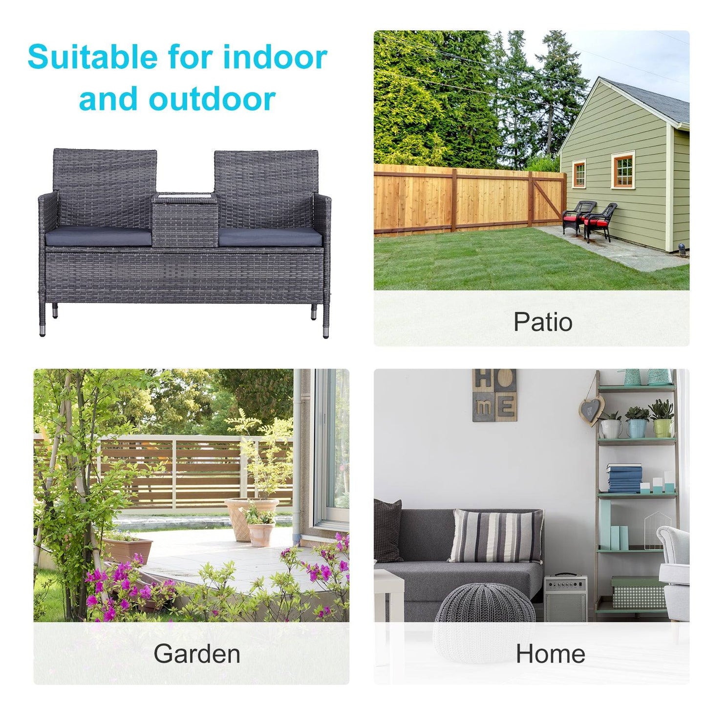 2 Seater PE Rattan Outdoor Garden Bench w/ Centre Table Grey