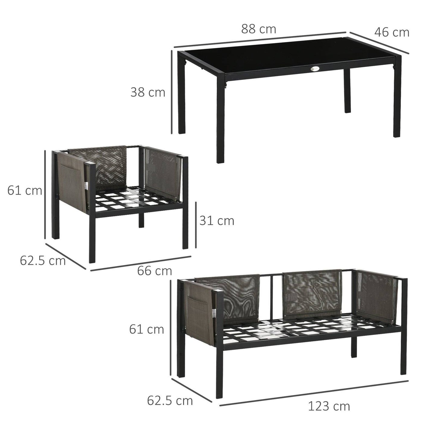 4-Piece Metal Garden Furniture Set with Tempered Glass Coffee Table