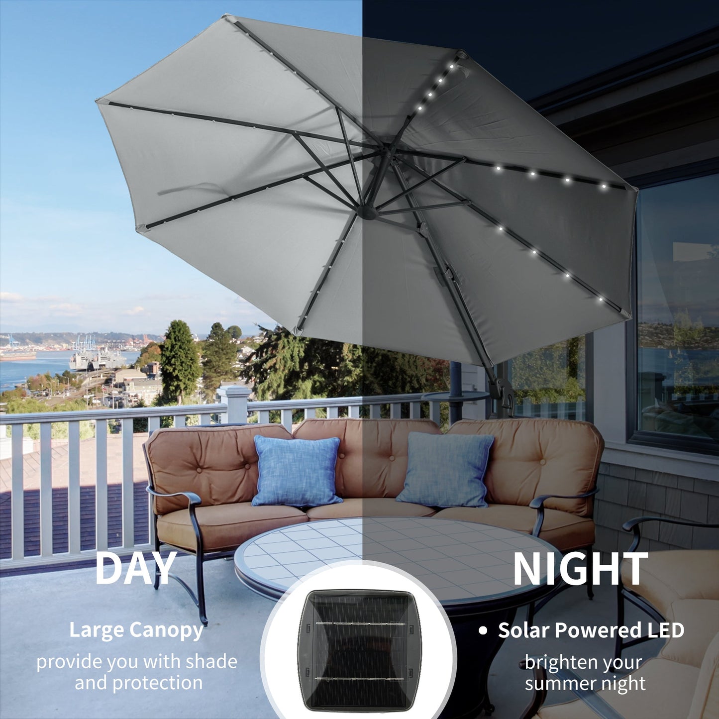 3M LED Cantilever Parasol Garden Sun Umbrella w/ Cross Base and Solar Lights Grey