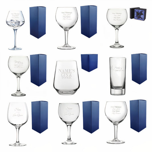 Engraved Gin Balloon and Tumbler Cocktail Glasses with Personalised Designs and Gift Box