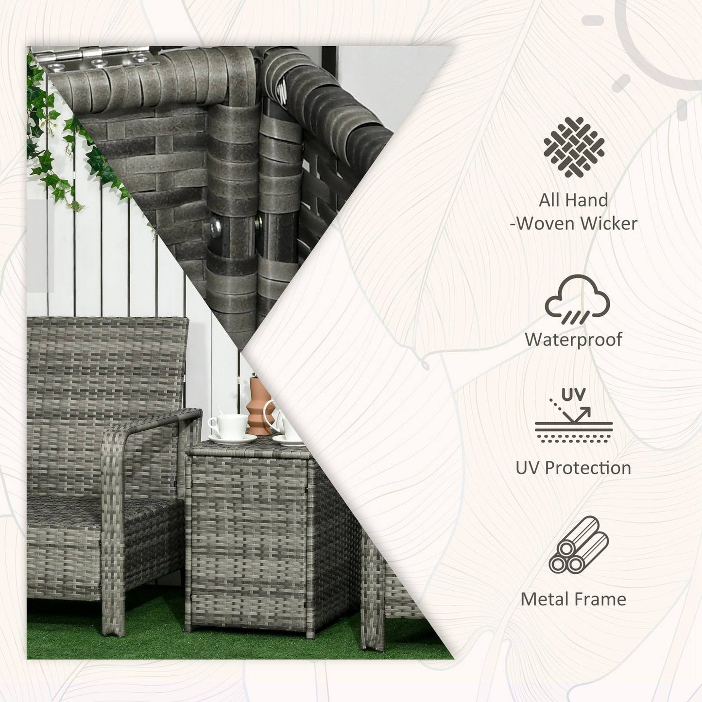 3-Piece PE Rattan Wicker Garden Furniture Patio Bistro Set Weave Conservatory Sofa Storage Table and Chairs Set Orange Cushion Grey Wicker