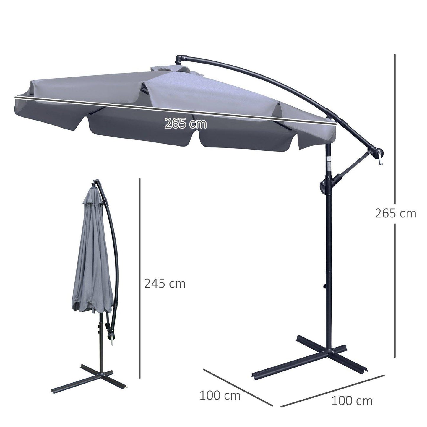2.7M Garden Banana Parasol Cantilever Umbrella With Crank Handle And Cross Base For Outdoor