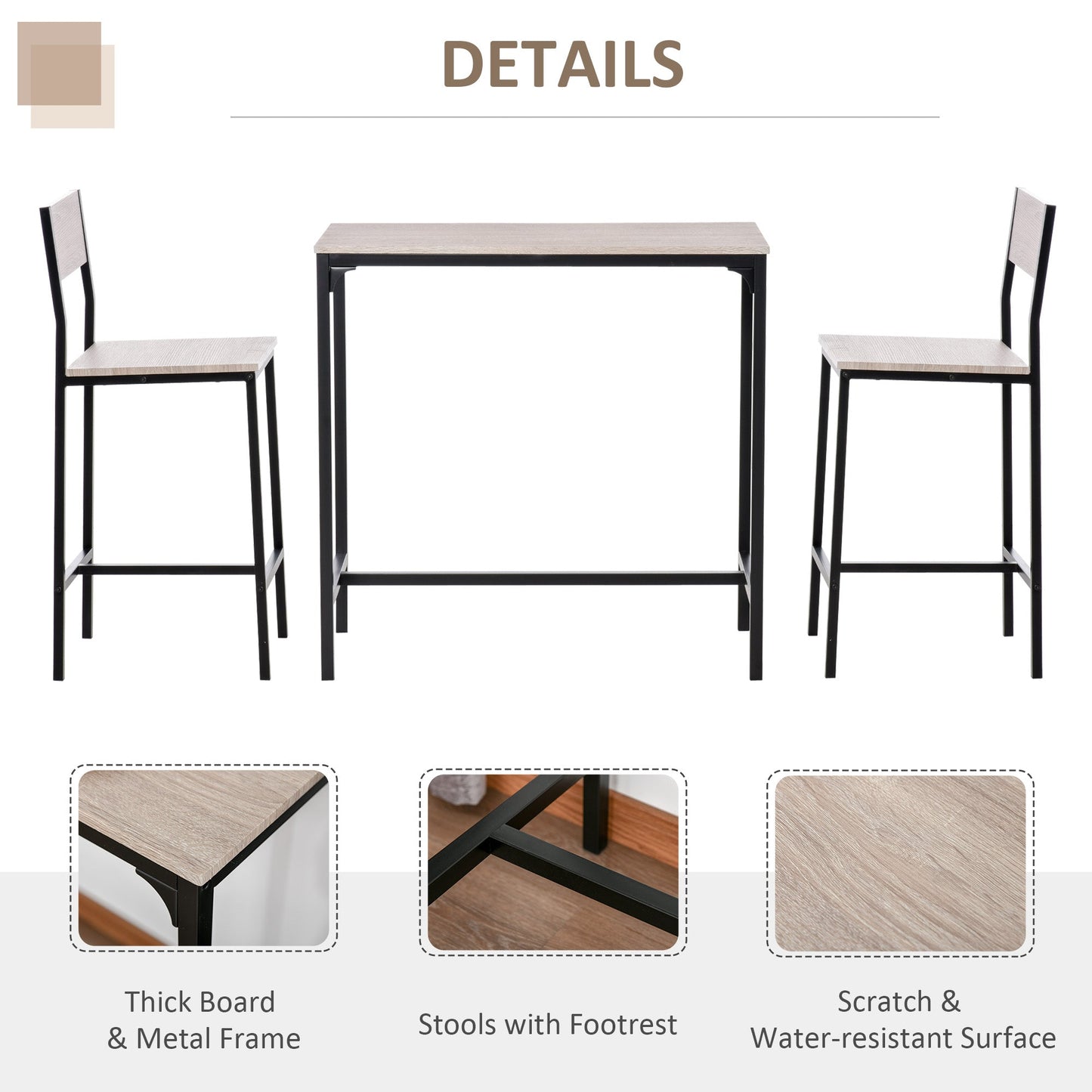 Metal Frame Medium-density fibreboard Top Table & Bar Stool Set Black