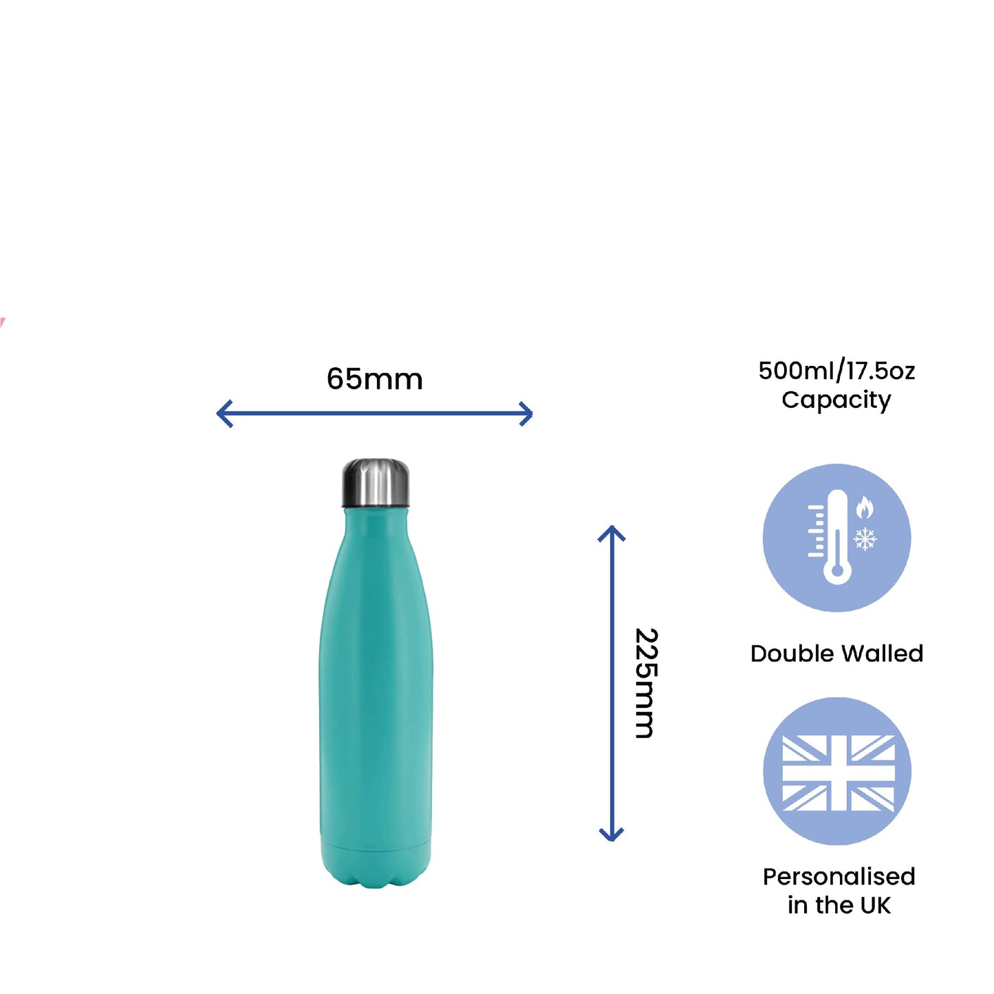 Printed Teal Thermal Bottle, Any Message, Stainless Steel 500ml/17oz
