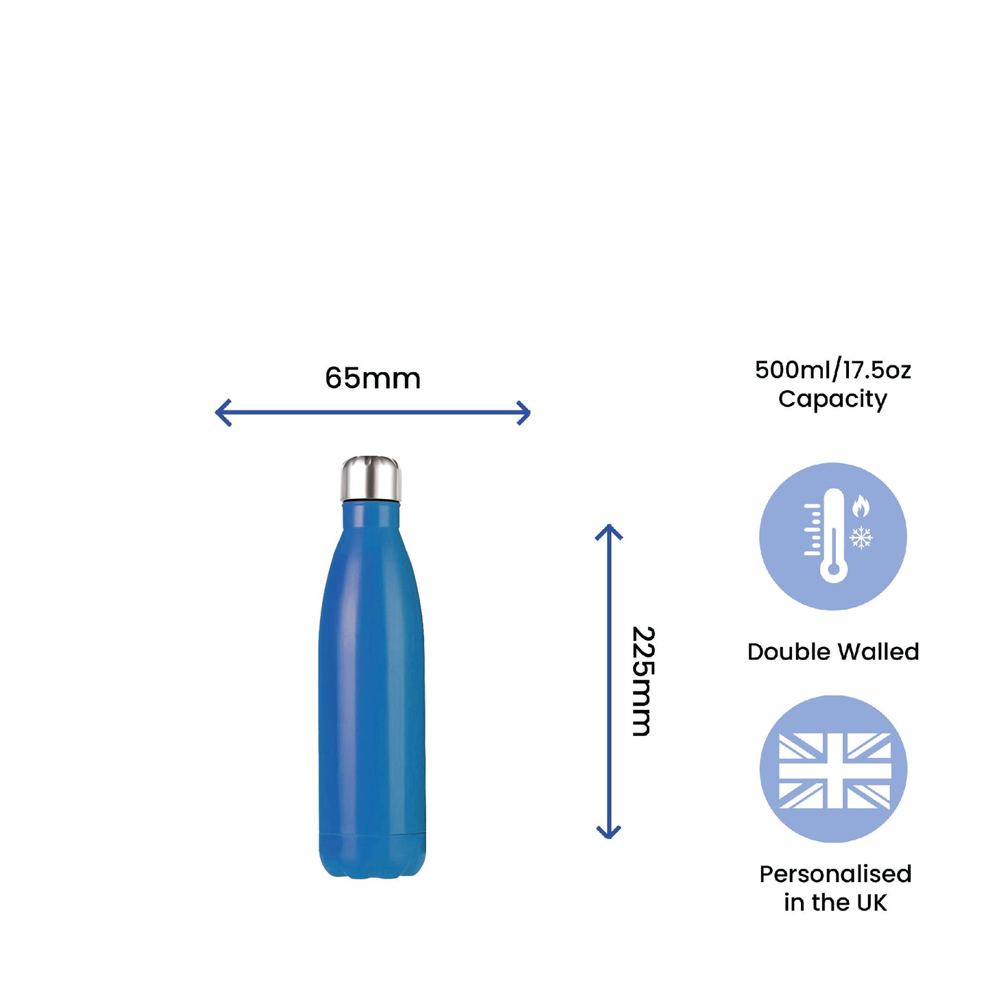 Printed Blue Thermal Bottle, Any Message, Stainless Steel 500ml/17oz