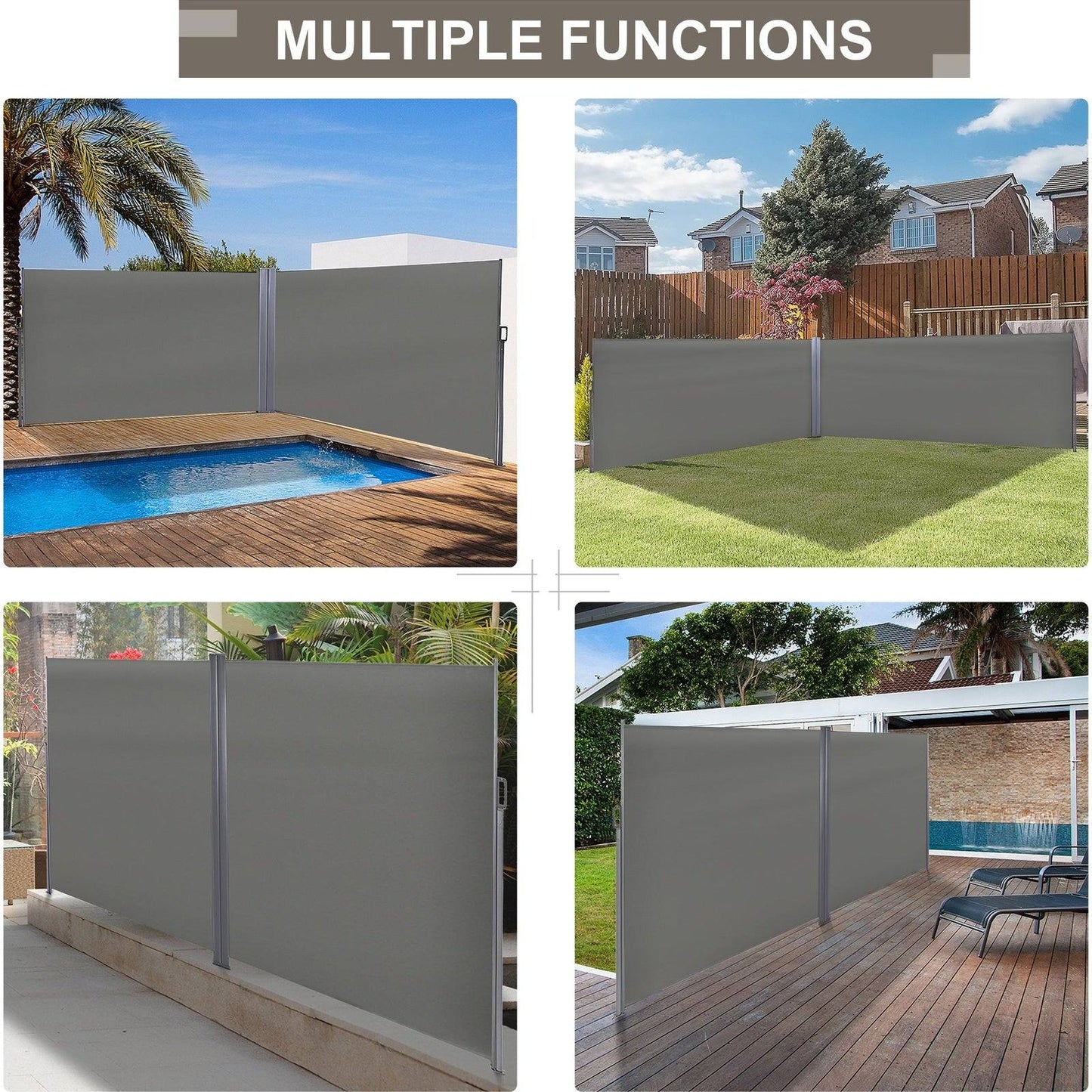 6 x 2m Retractable Sun Side Awning Screen Fence Patio Garden Wall Balcony Screening Panel Outdoor Blind Privacy Divider  Grey